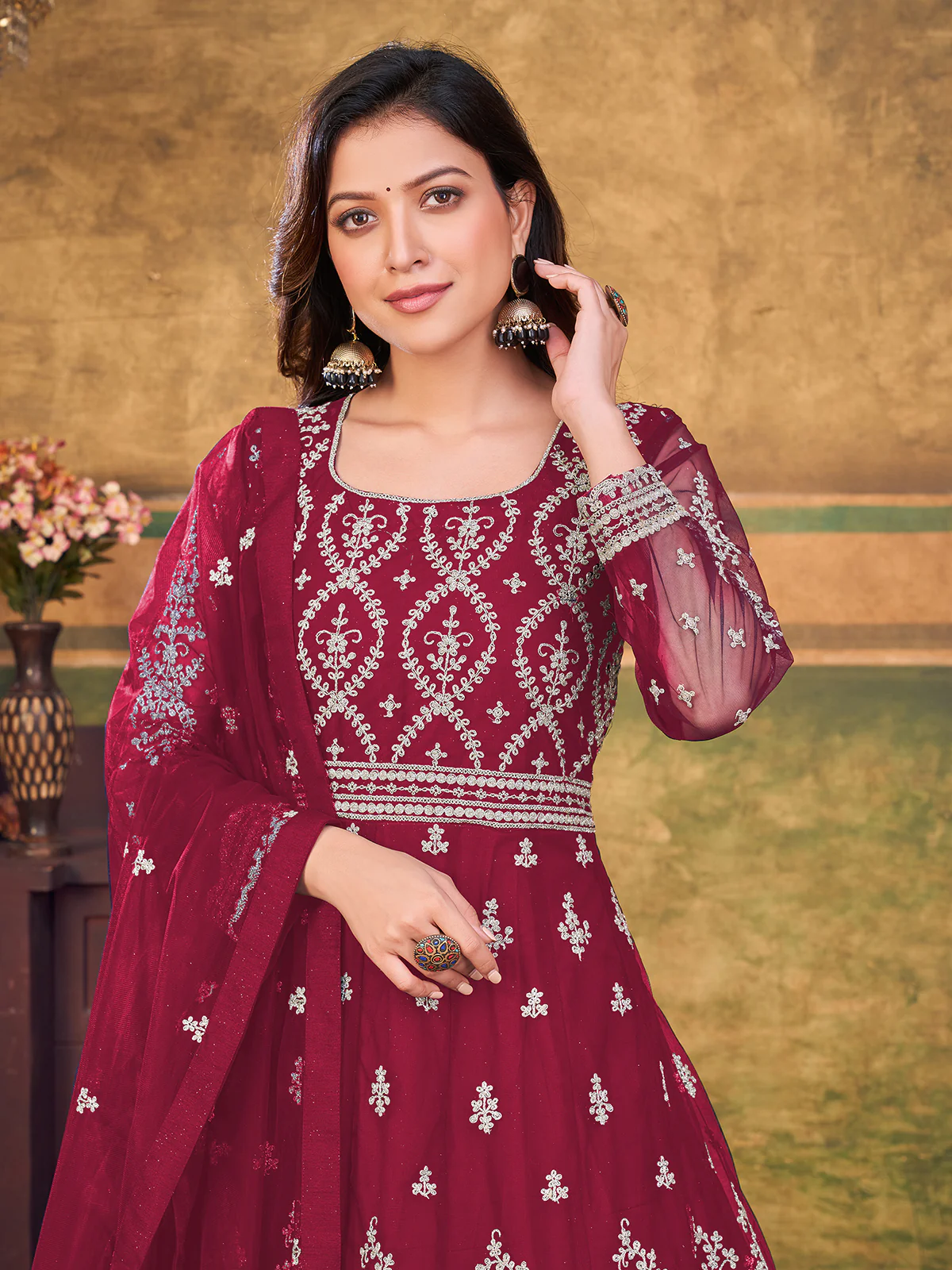 Odette Red Net Embroidered Semi stitched Kurta Set with Inner For Women - Image 4