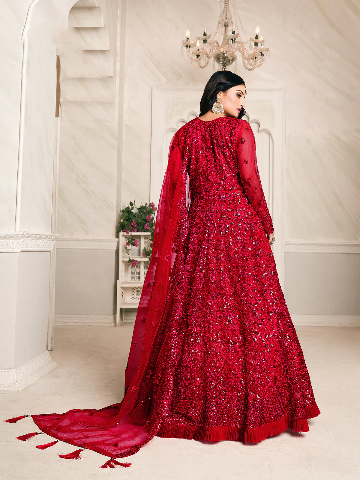 Odette Red Net Embroidered Semi stitched Kurta Set with Inner For Women - Image 2
