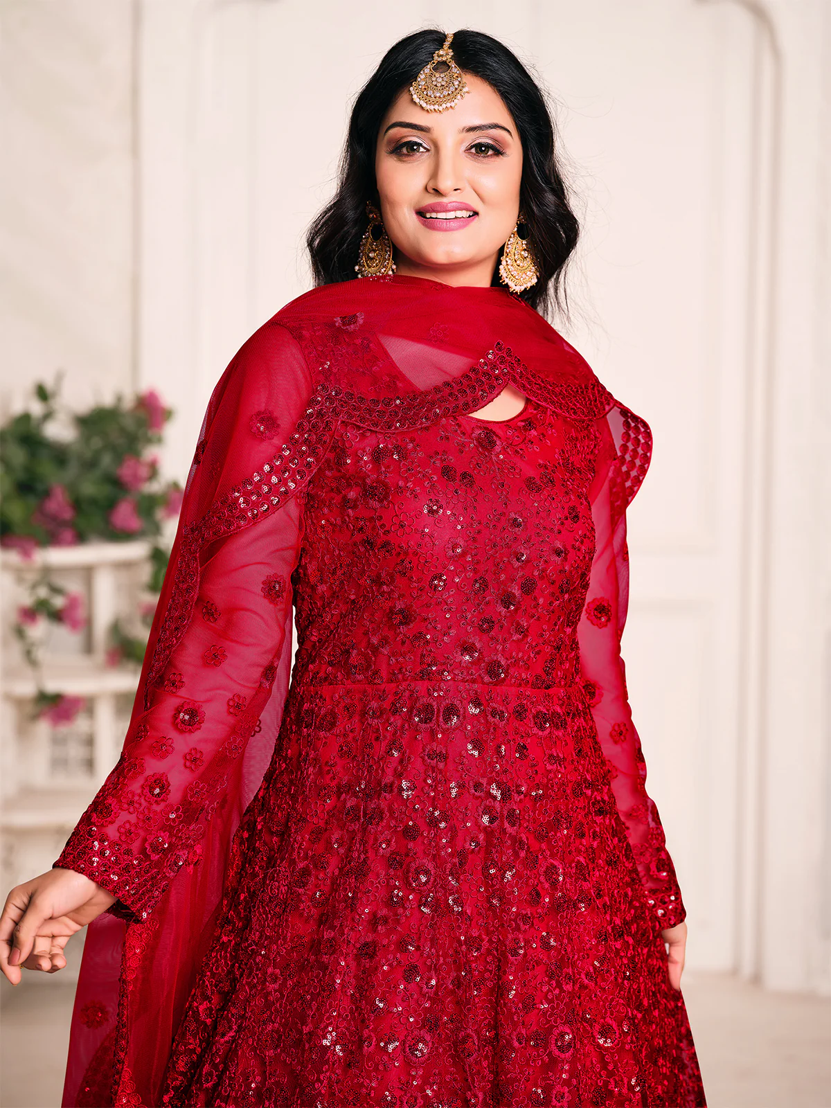 Odette Red Net Embroidered Semi stitched Kurta Set with Inner For Women - Image 3