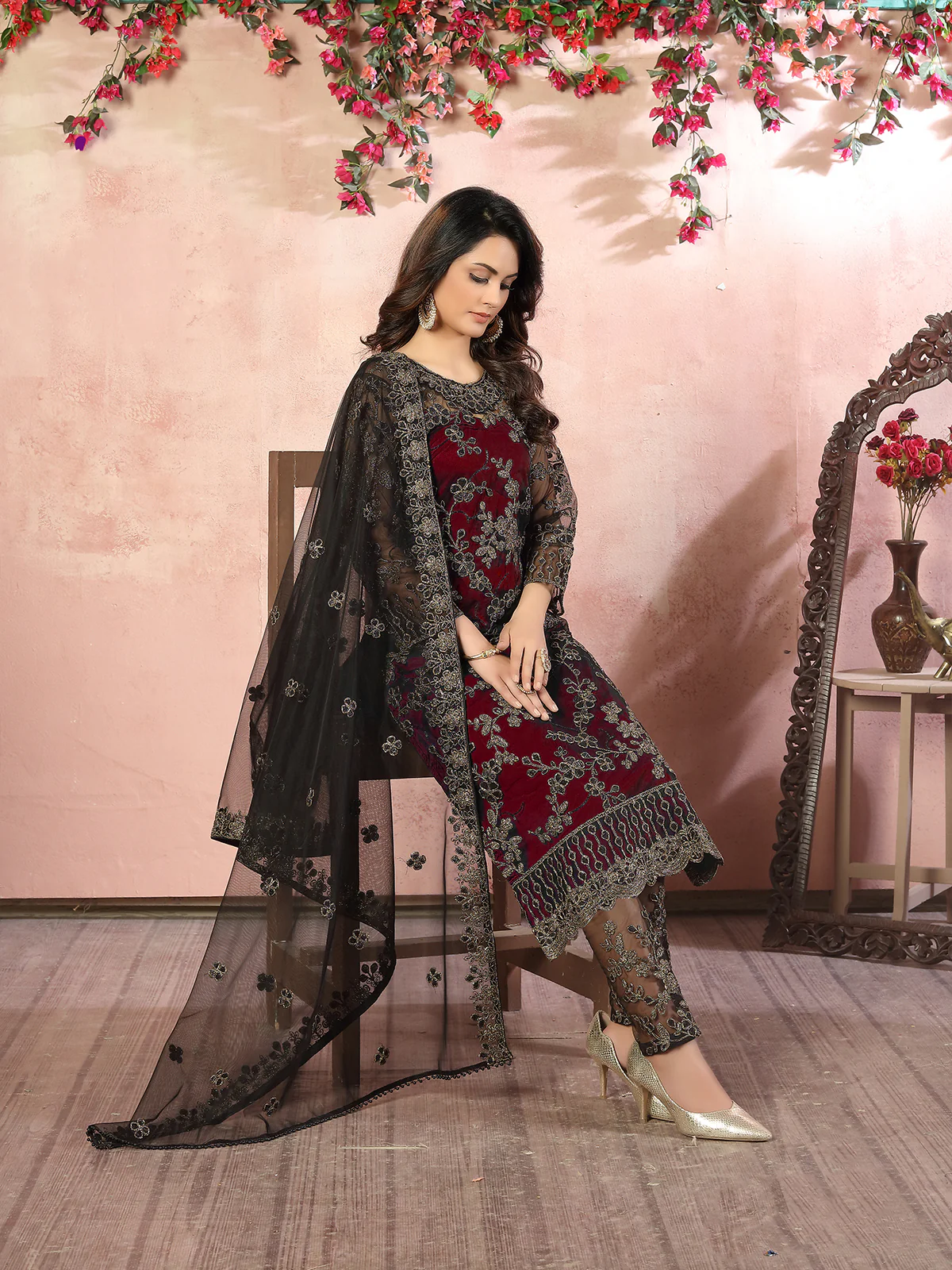 Odette Red Net Embroidered Semi stitched Kurta Set with Inner For Women - Image 2