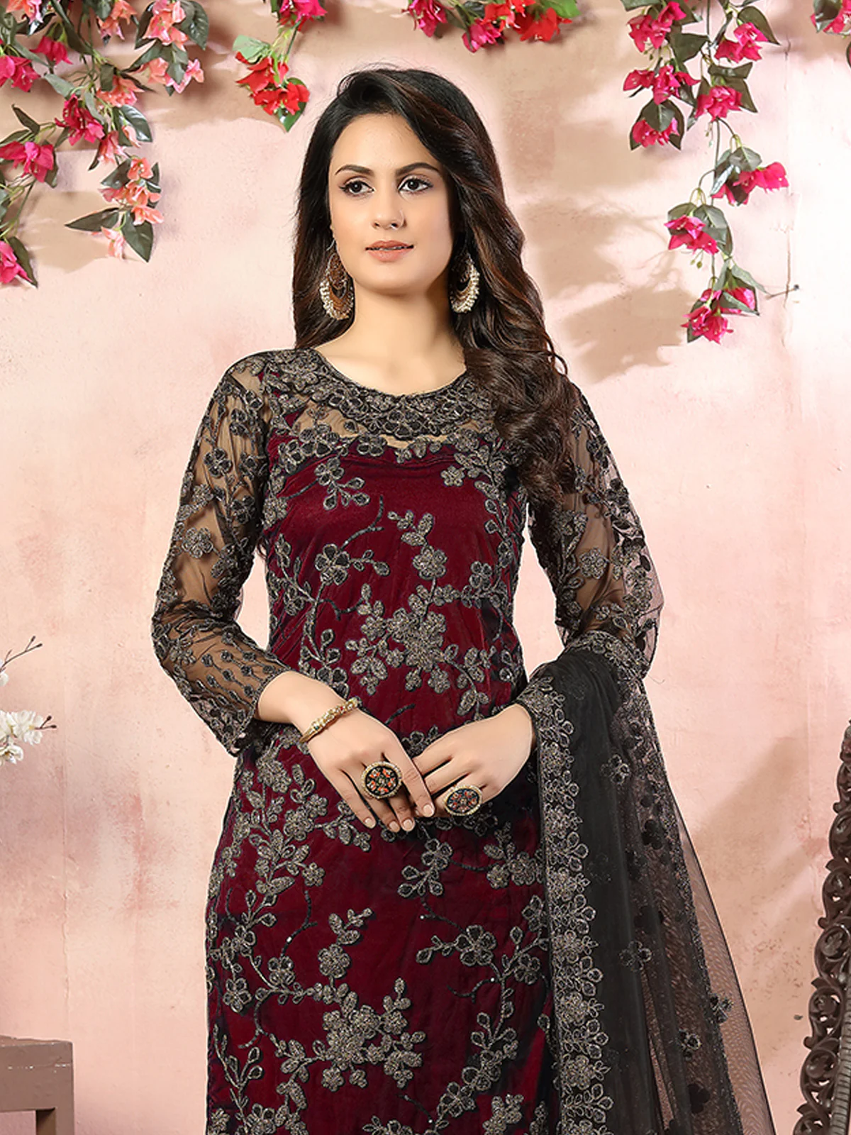 Odette Red Net Embroidered Semi stitched Kurta Set with Inner For Women - Image 4