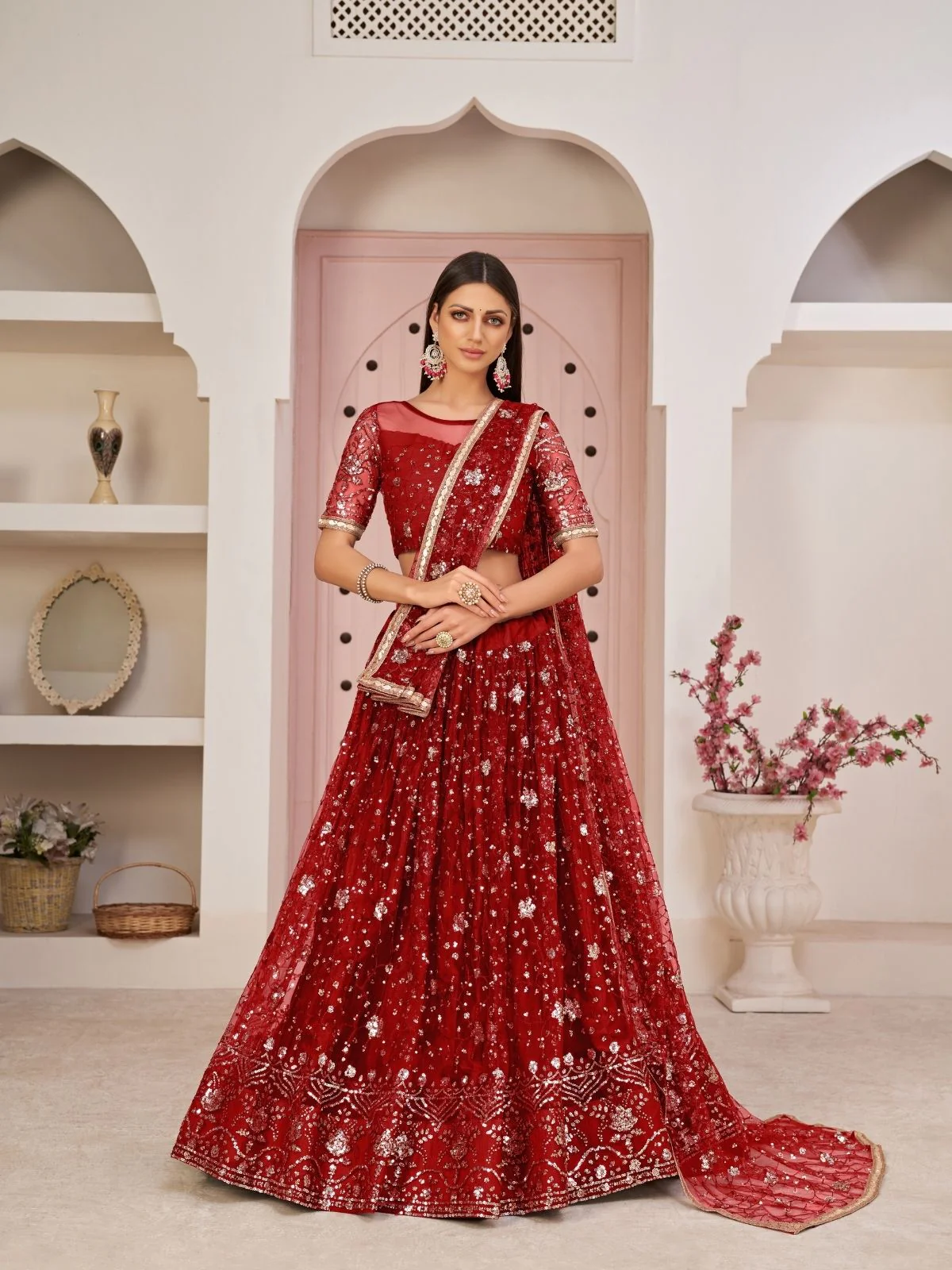 Odette Red Net Embroidered Semi Stitched Lehenga For Women