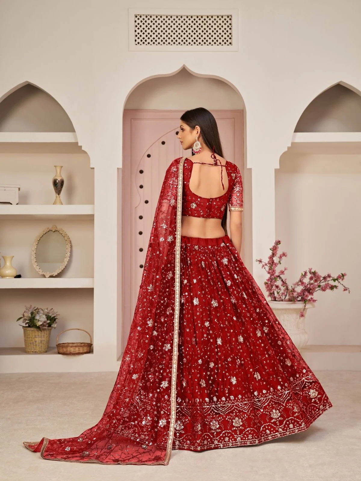 Odette Red Net Embroidered Semi Stitched Lehenga For Women - Image 3
