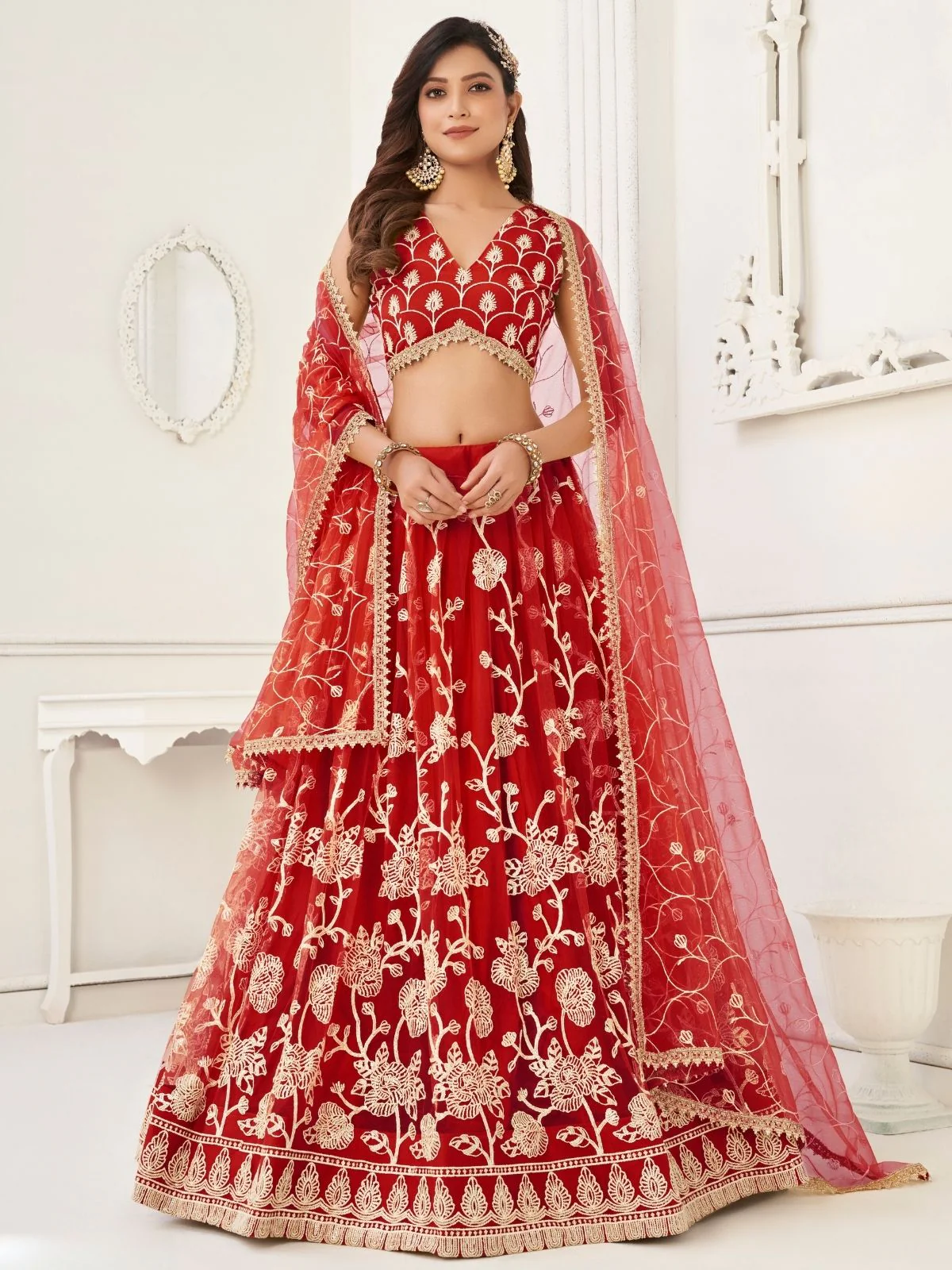 Odette Red Net Embroidered Semi Stitched Lehenga For Women