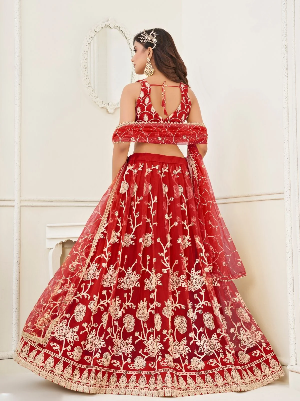 Odette Red Net Embroidered Semi Stitched Lehenga For Women - Image 2