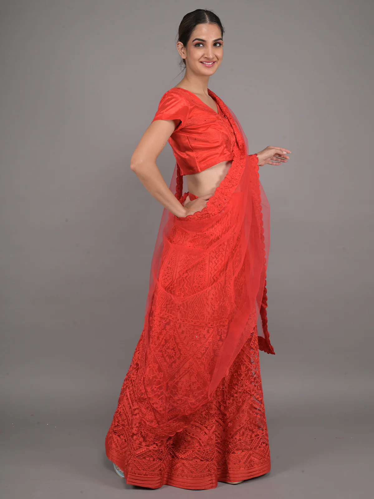 Odette Red Embroidered Net Stitched Lehenga Set For Women - Image 2