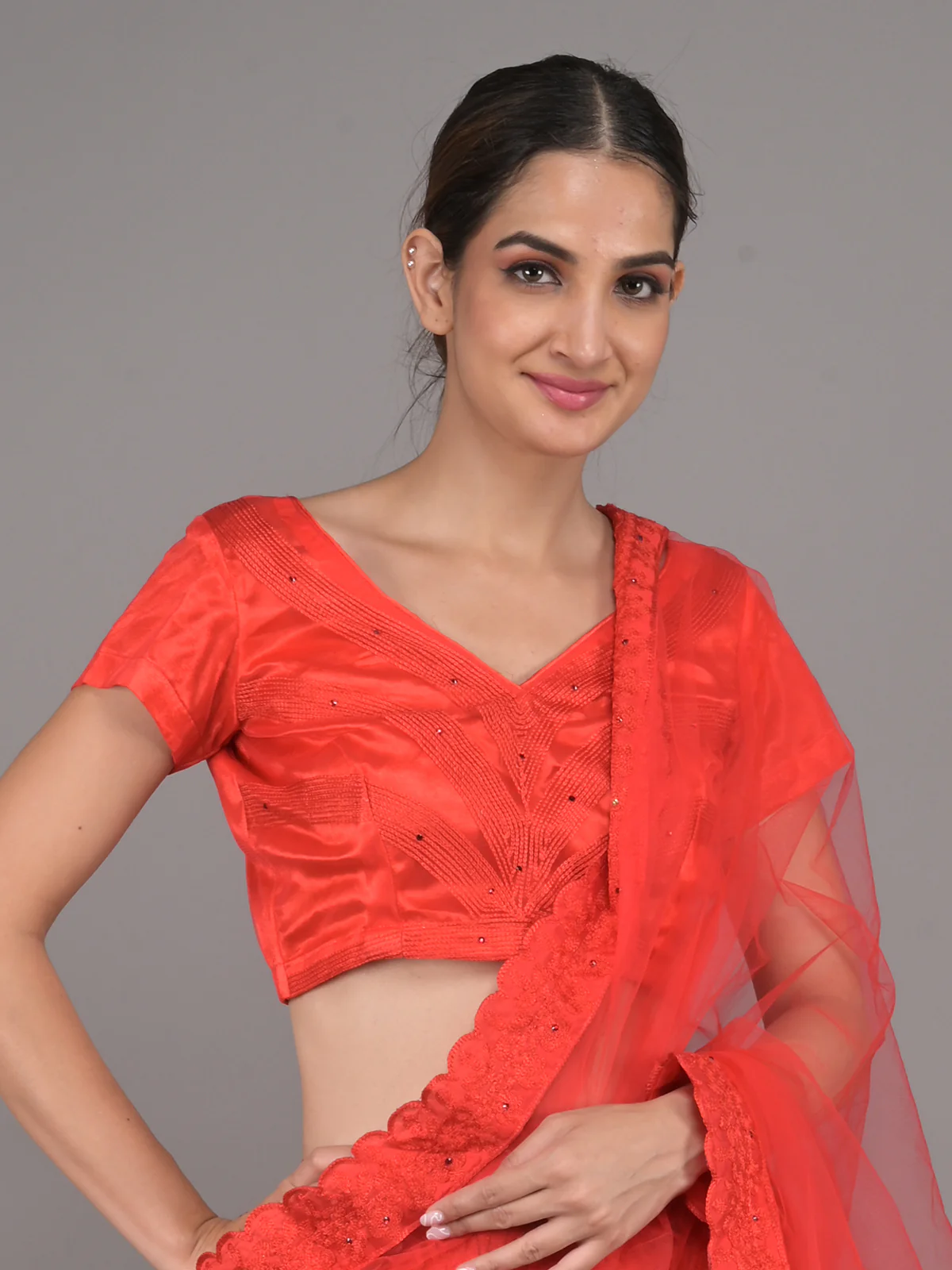Odette Red Embroidered Net Stitched Lehenga Set For Women - Image 4