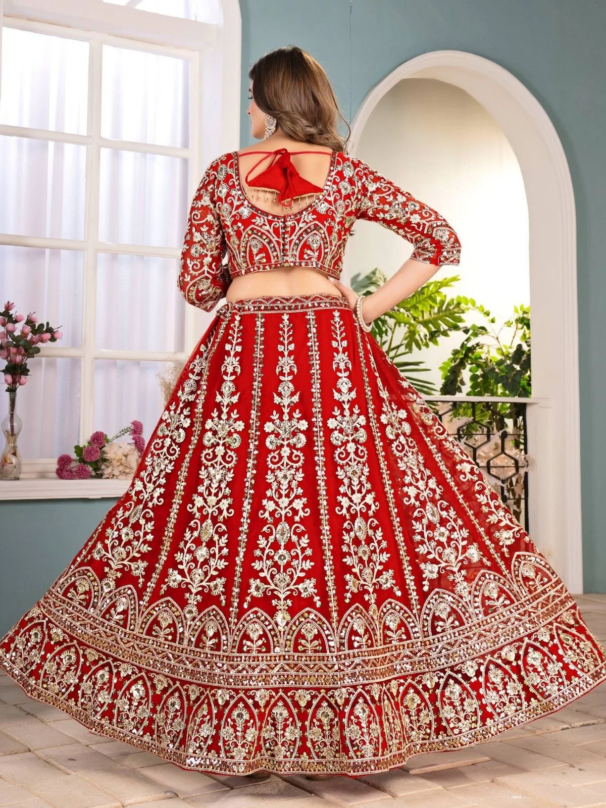 Odette Red Net Sequence Embroidered Semi-Stitched Lehenga For Women - Image 2