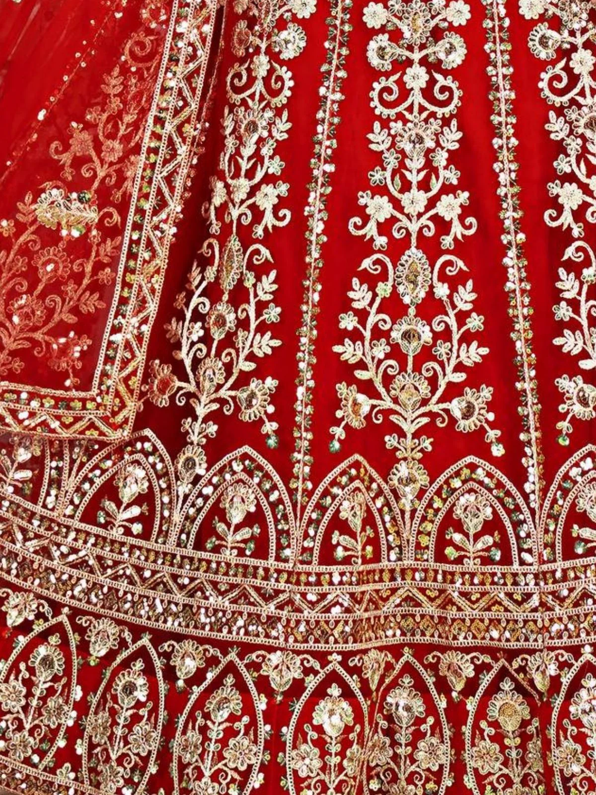 Odette Red Net Sequence Embroidered Semi-Stitched Lehenga For Women - Image 4