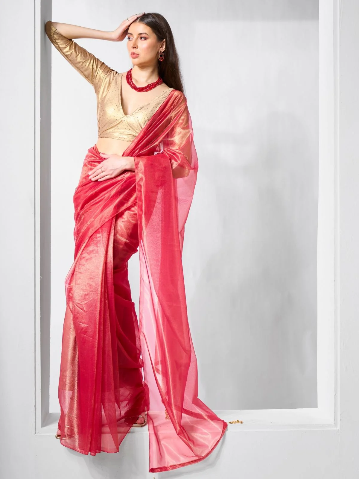 Odette Red Net Solid Saree With Unstitched Blouse For Women