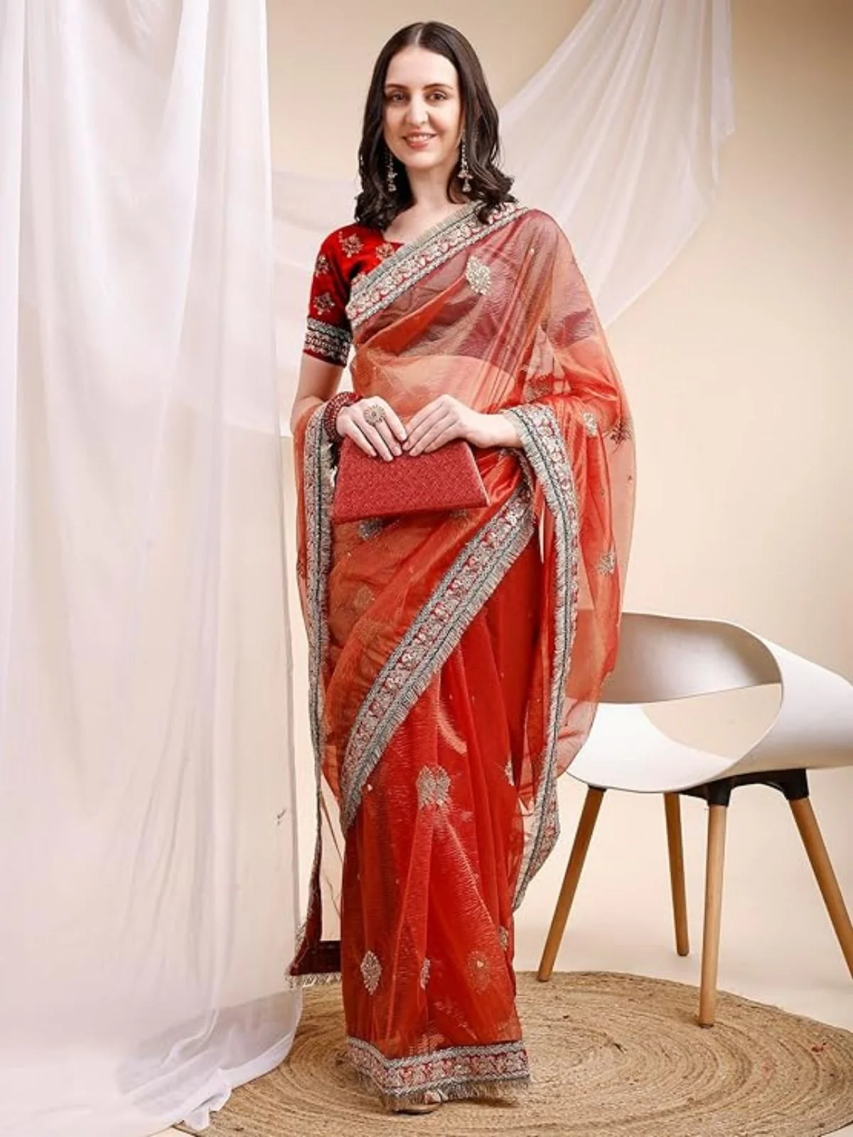 Odette Red Organza Embellished Solid Saree For Women