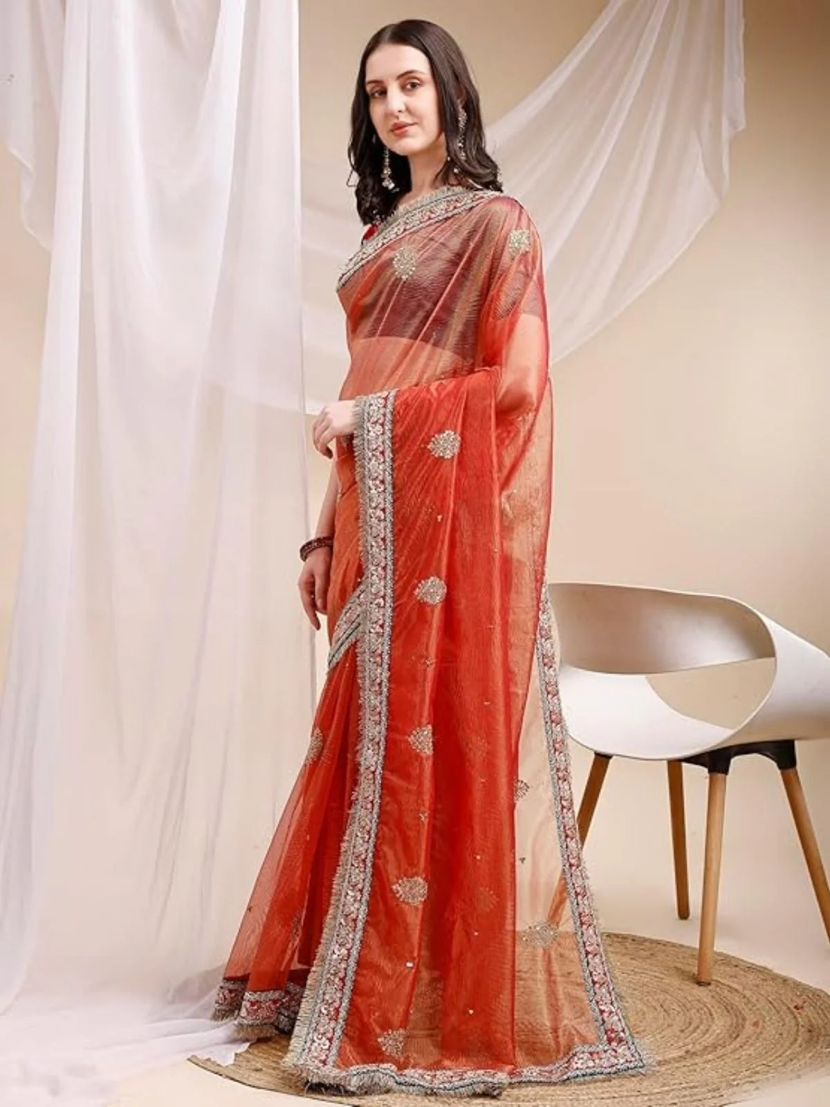 Odette Red Organza Embellished Solid Saree For Women - Image 3