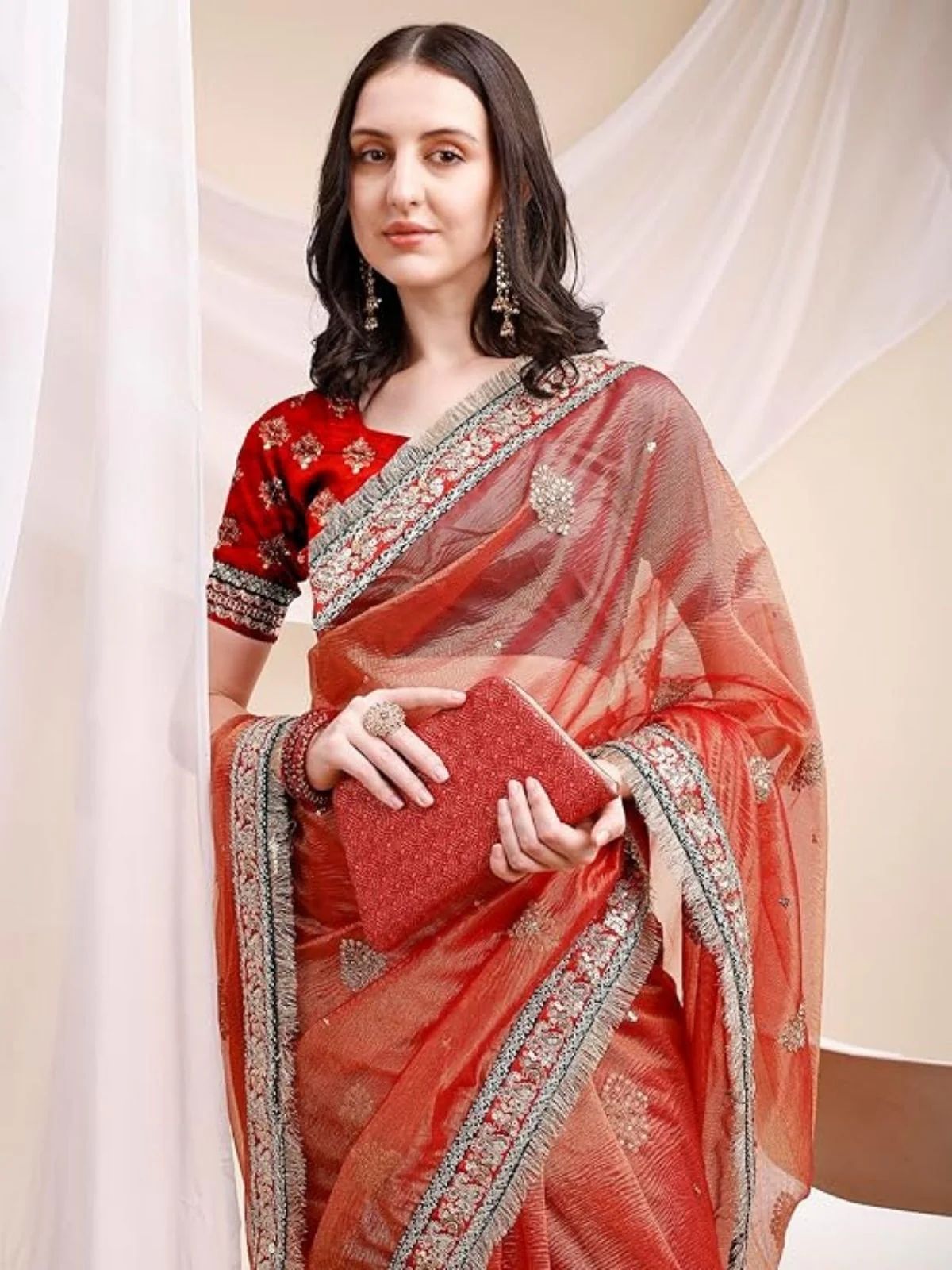 Odette Red Organza Embellished Solid Saree For Women - Image 4