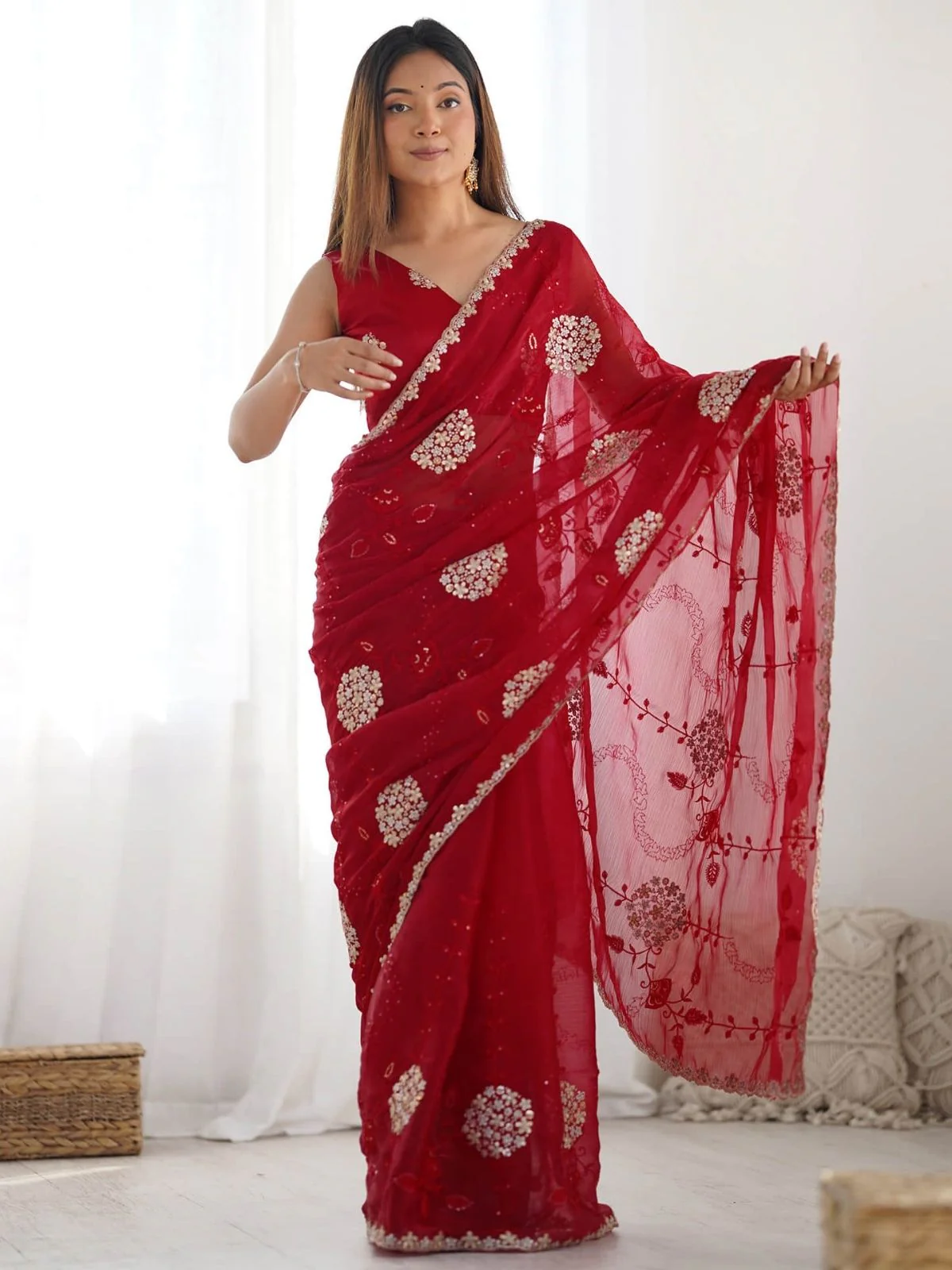 Odette Red Organza Embroidered Solid Saree For Women