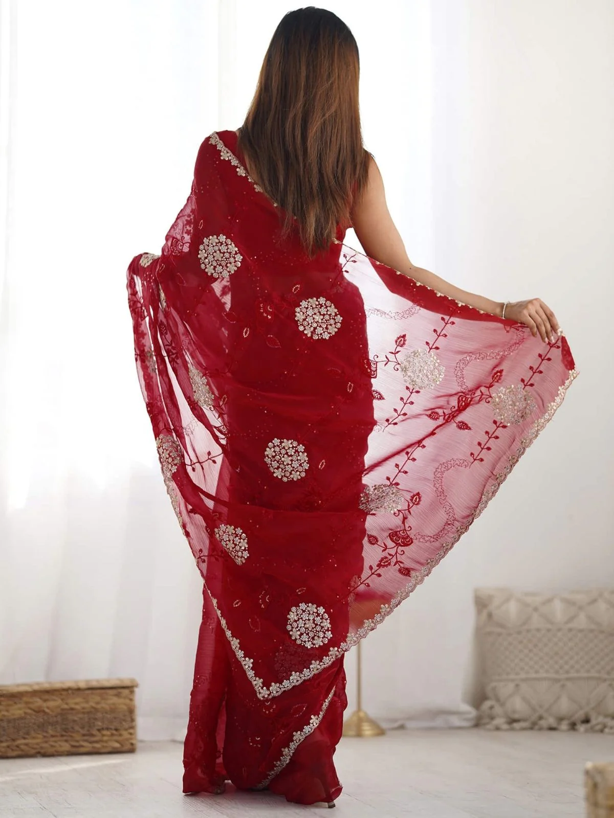 Odette Red Organza Embroidered Solid Saree For Women - Image 2