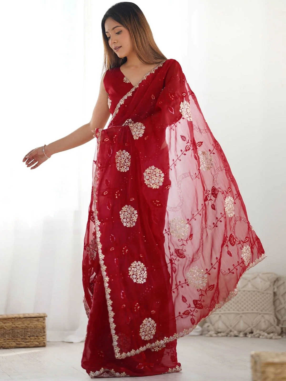 Odette Red Organza Embroidered Solid Saree For Women - Image 3