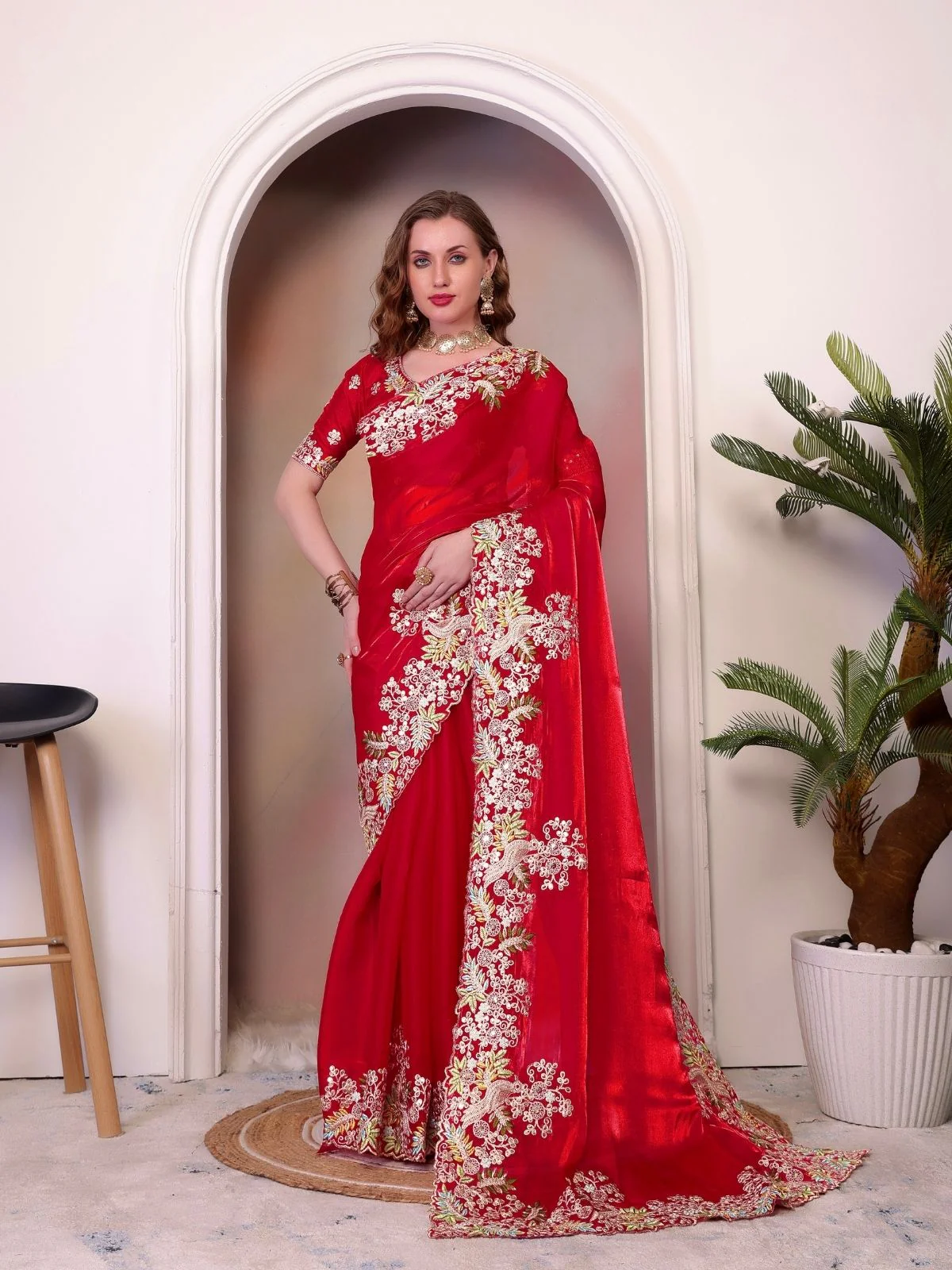 Odette Red Organza Embroidered Solid Saree For Women