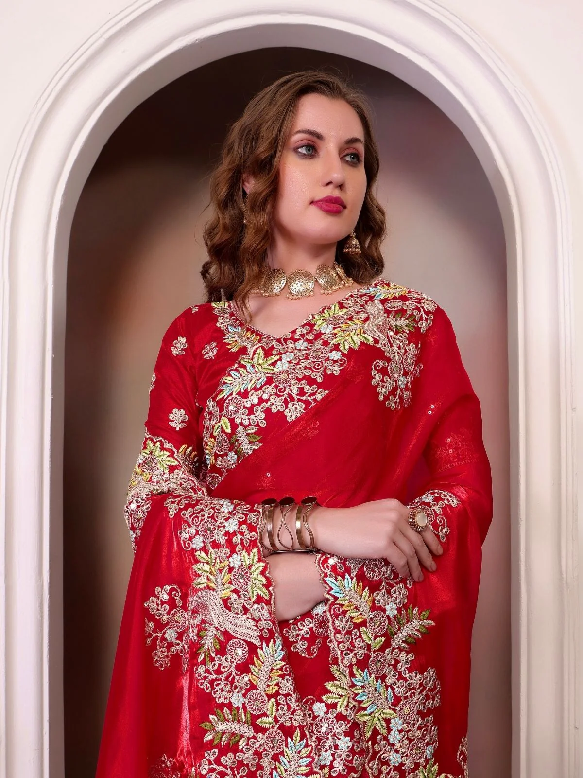 Odette Red Organza Embroidered Solid Saree For Women - Image 4