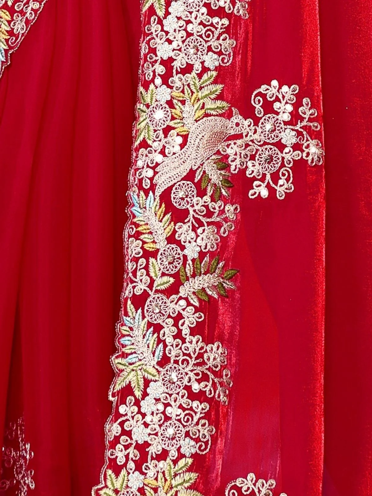 Odette Red Organza Embroidered Solid Saree For Women - Image 5