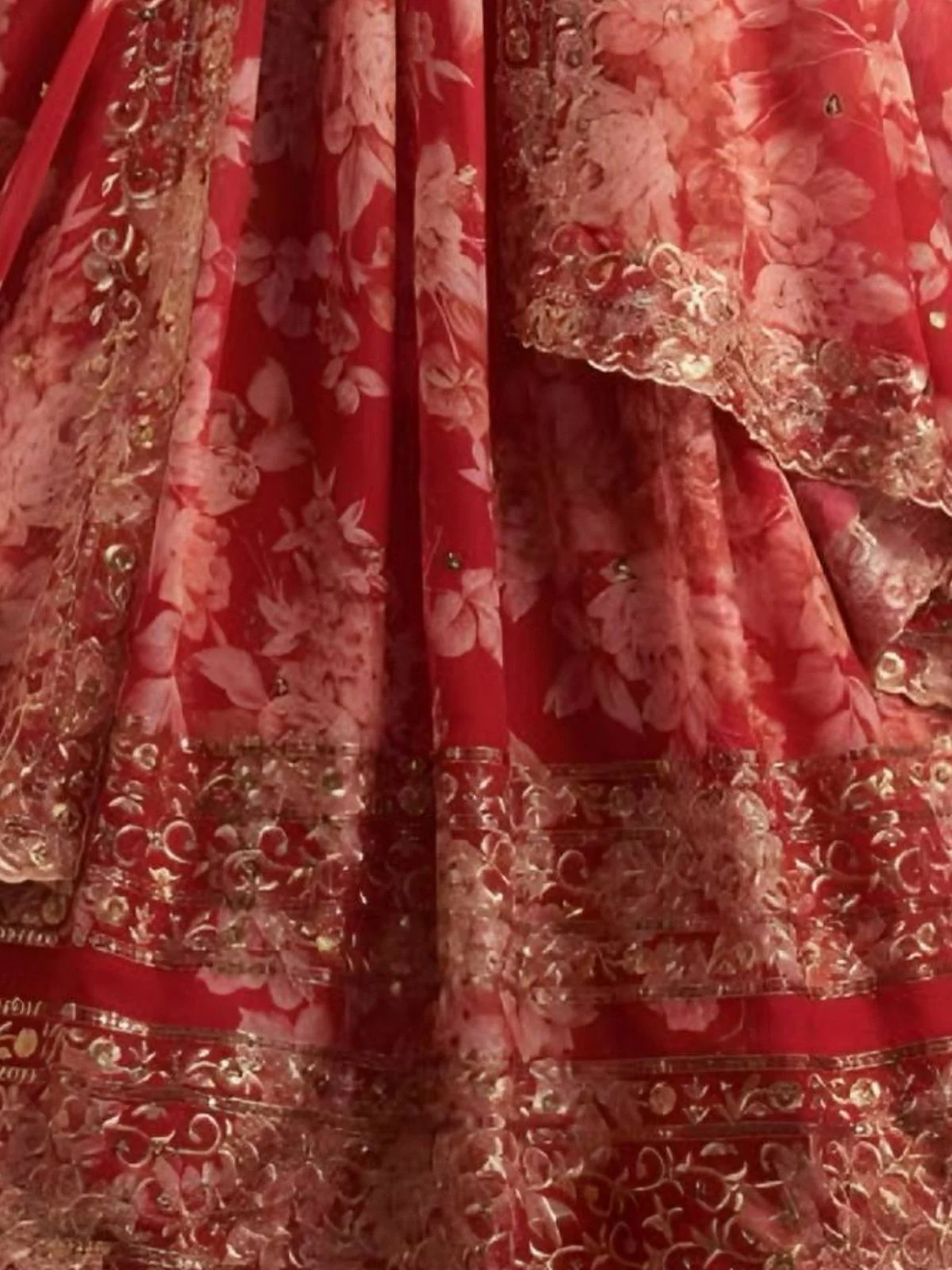 Odette Red Organza Printed And Embriodered Semi-Stitched Lehenga For Women - Image 4