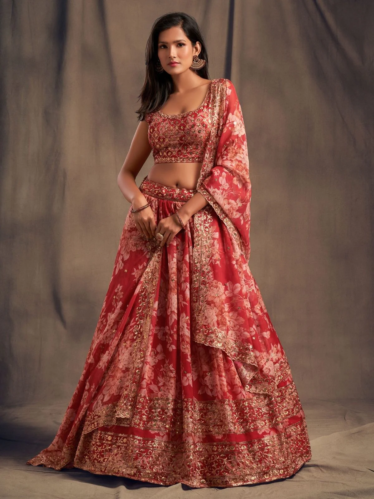 Odette Red Organza Printed Semi Stitched Lehenga With Unstitched Blouse For Women - Image 2