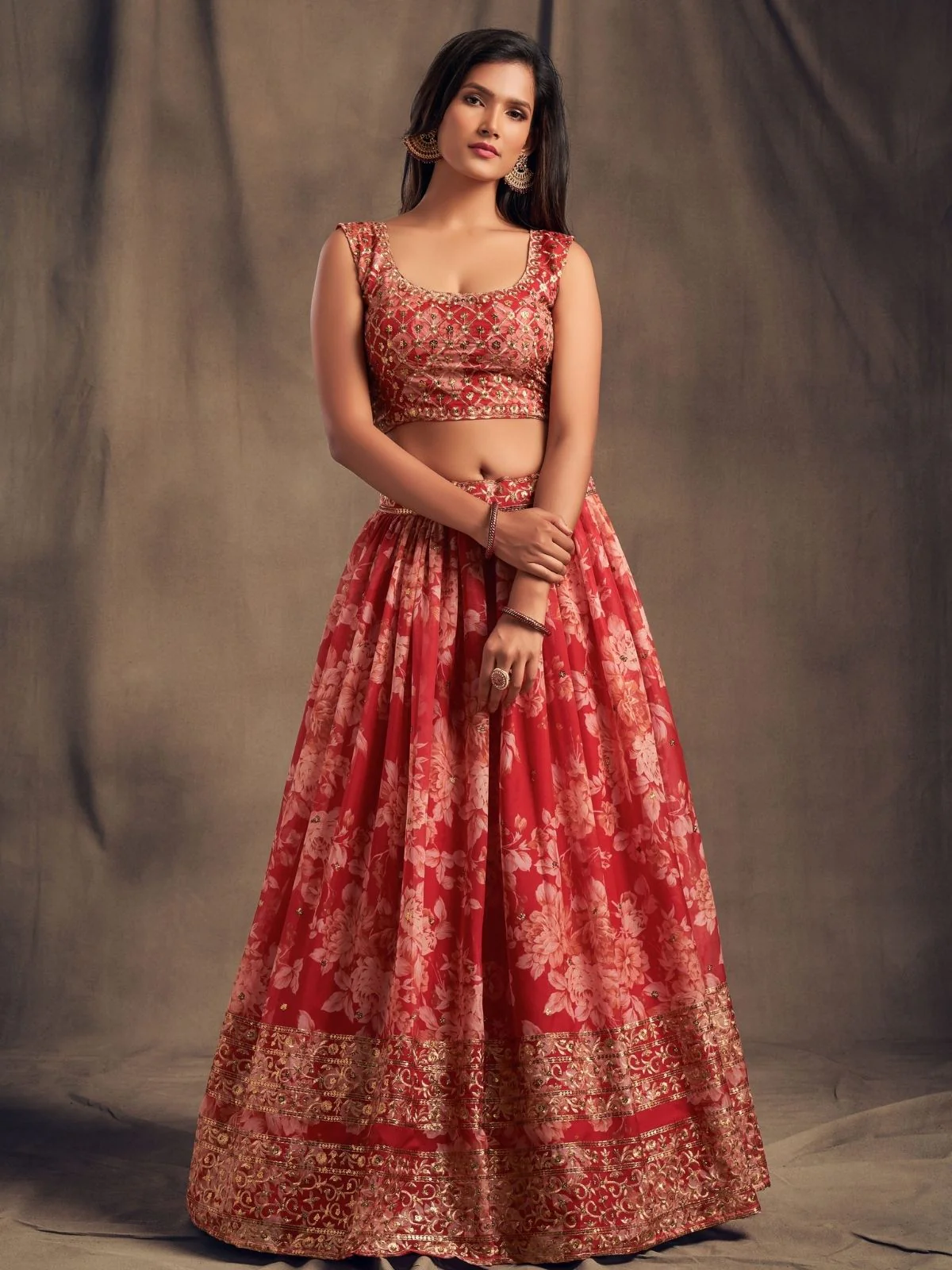 Odette Red Organza Printed Semi Stitched Lehenga With Unstitched Blouse For Women - Image 3