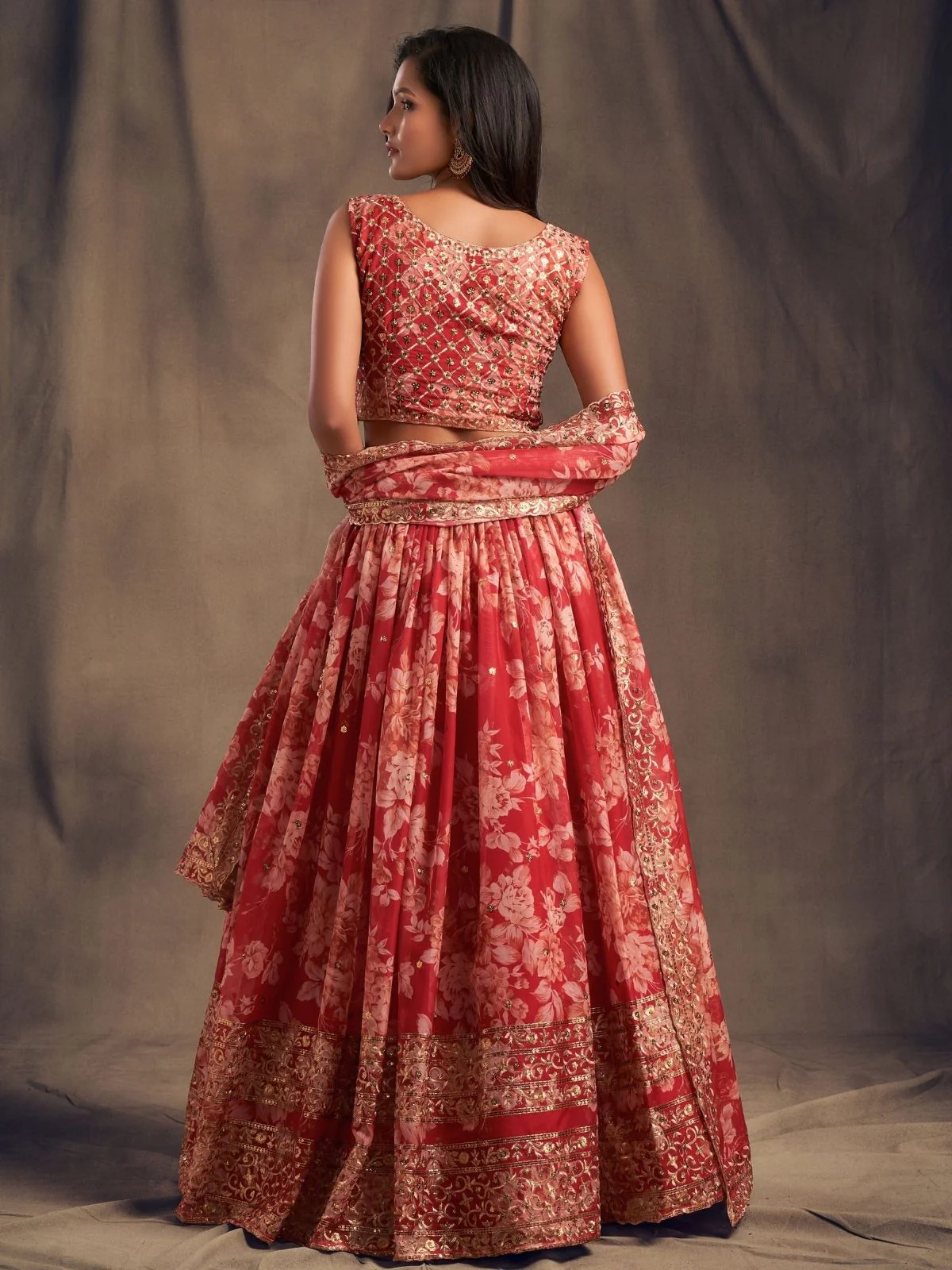 Odette Red Organza Printed Semi Stitched Lehenga With Unstitched Blouse For Women - Image 4