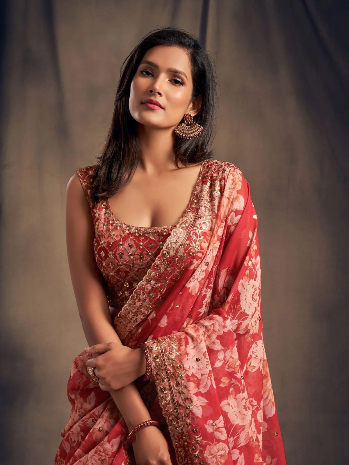 Odette Red Organza Printed Semi Stitched Lehenga With Unstitched Blouse For Women - Image 5