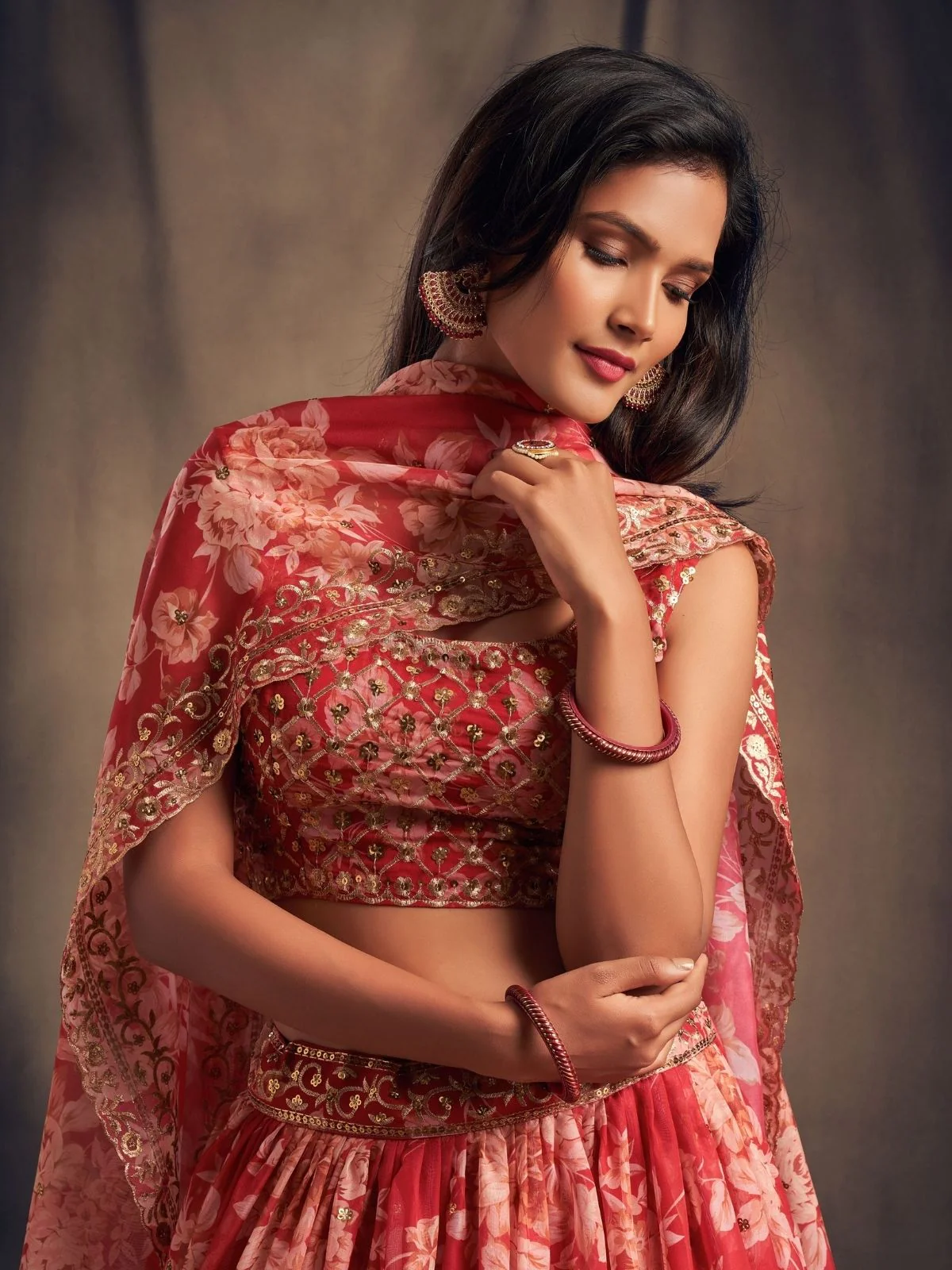 Odette Red Organza Printed Semi Stitched Lehenga With Unstitched Blouse For Women - Image 6