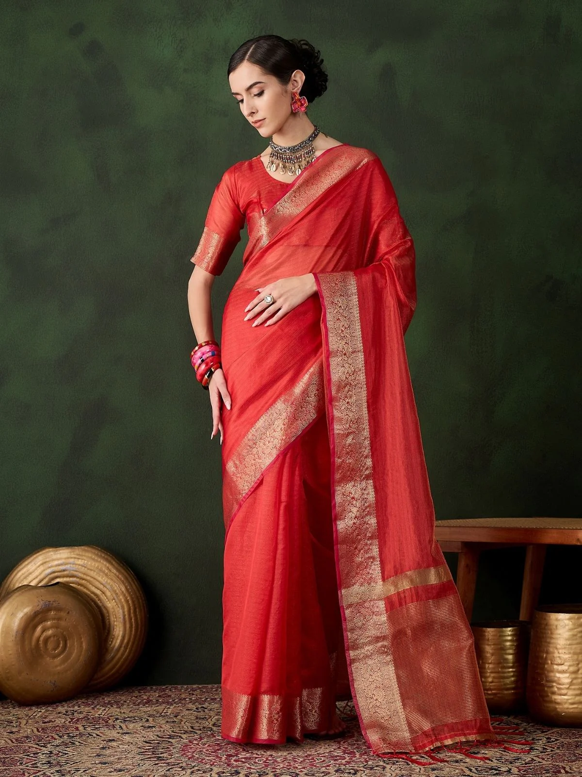 Odette Red Organza Woven Saree With Unstitched Blouse For Women