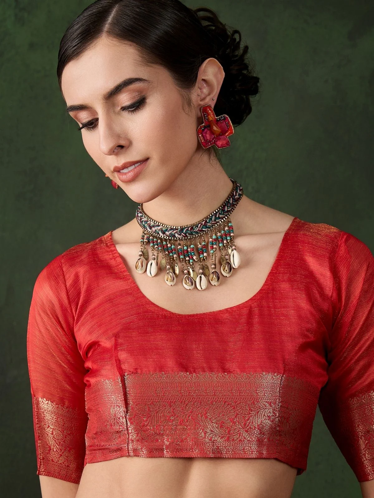 Odette Red Organza Woven Saree With Unstitched Blouse For Women - Image 5
