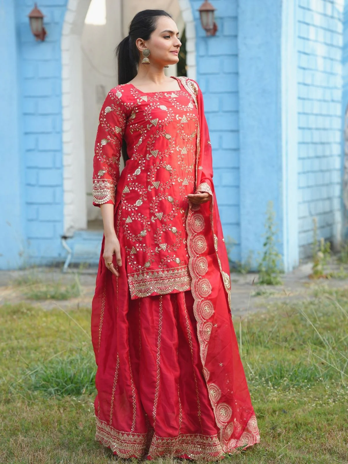 Odette Red Poly Georgette Embroidered Stitched Kurta Set For Women - Image 3