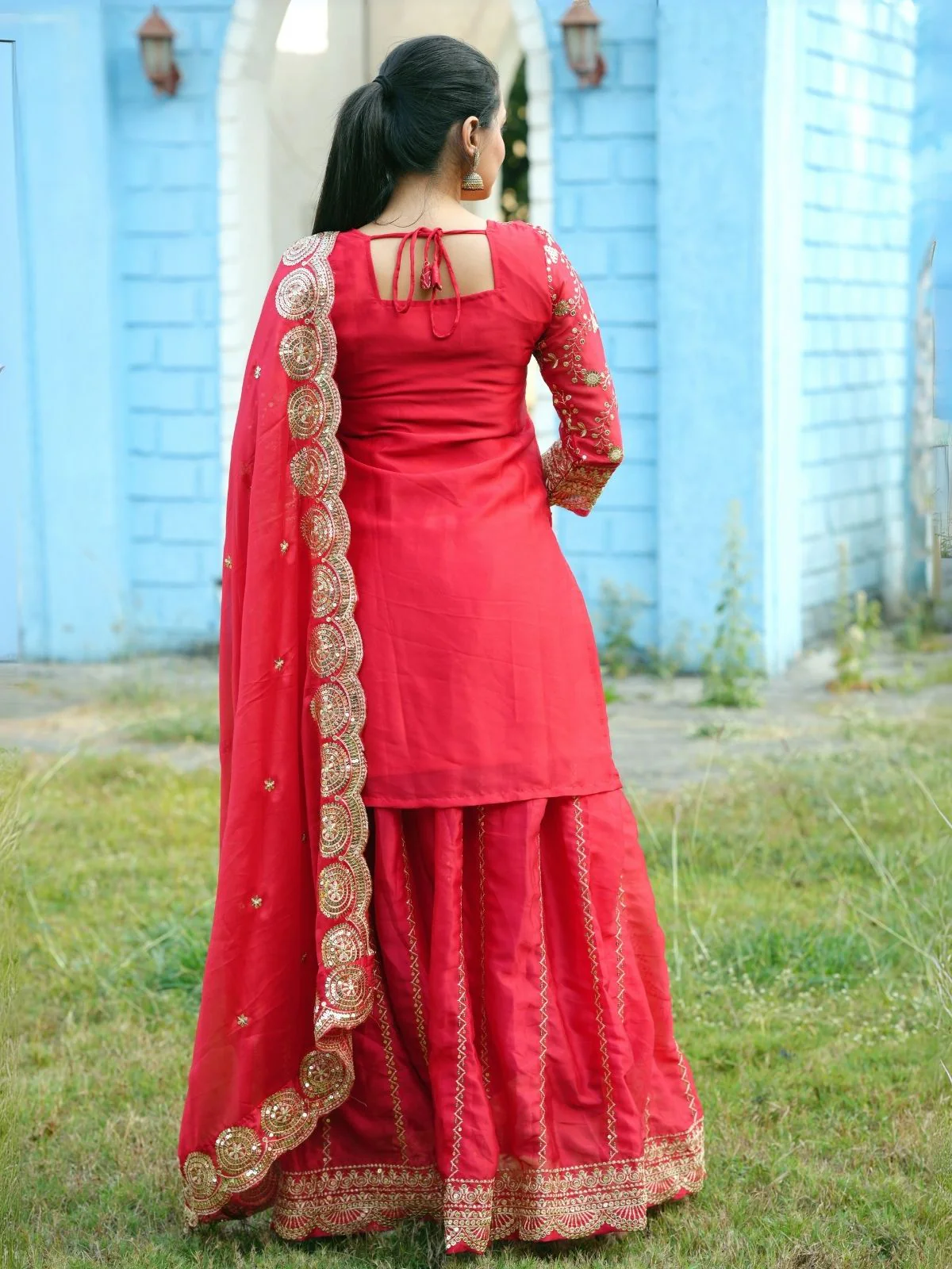 Odette Red Poly Georgette Embroidered Stitched Kurta Set For Women - Image 4