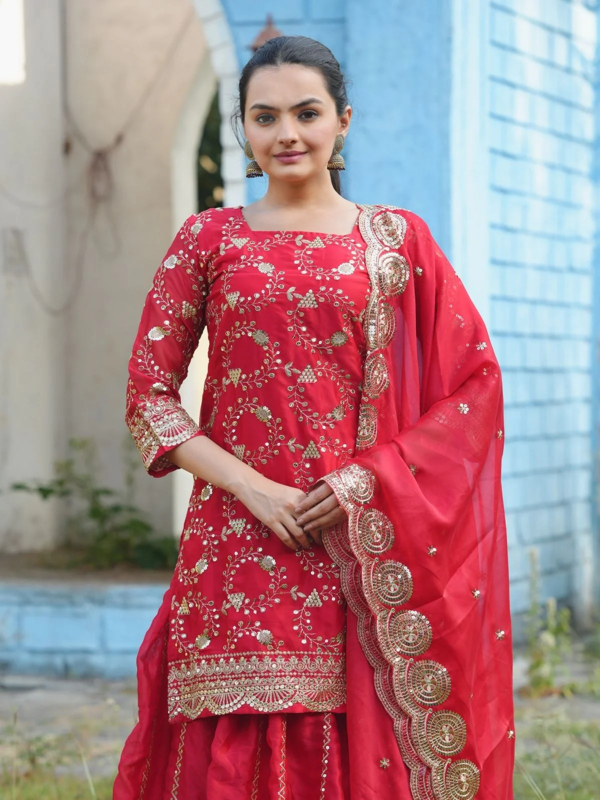 Odette Red Poly Georgette Embroidered Stitched Kurta Set For Women - Image 5
