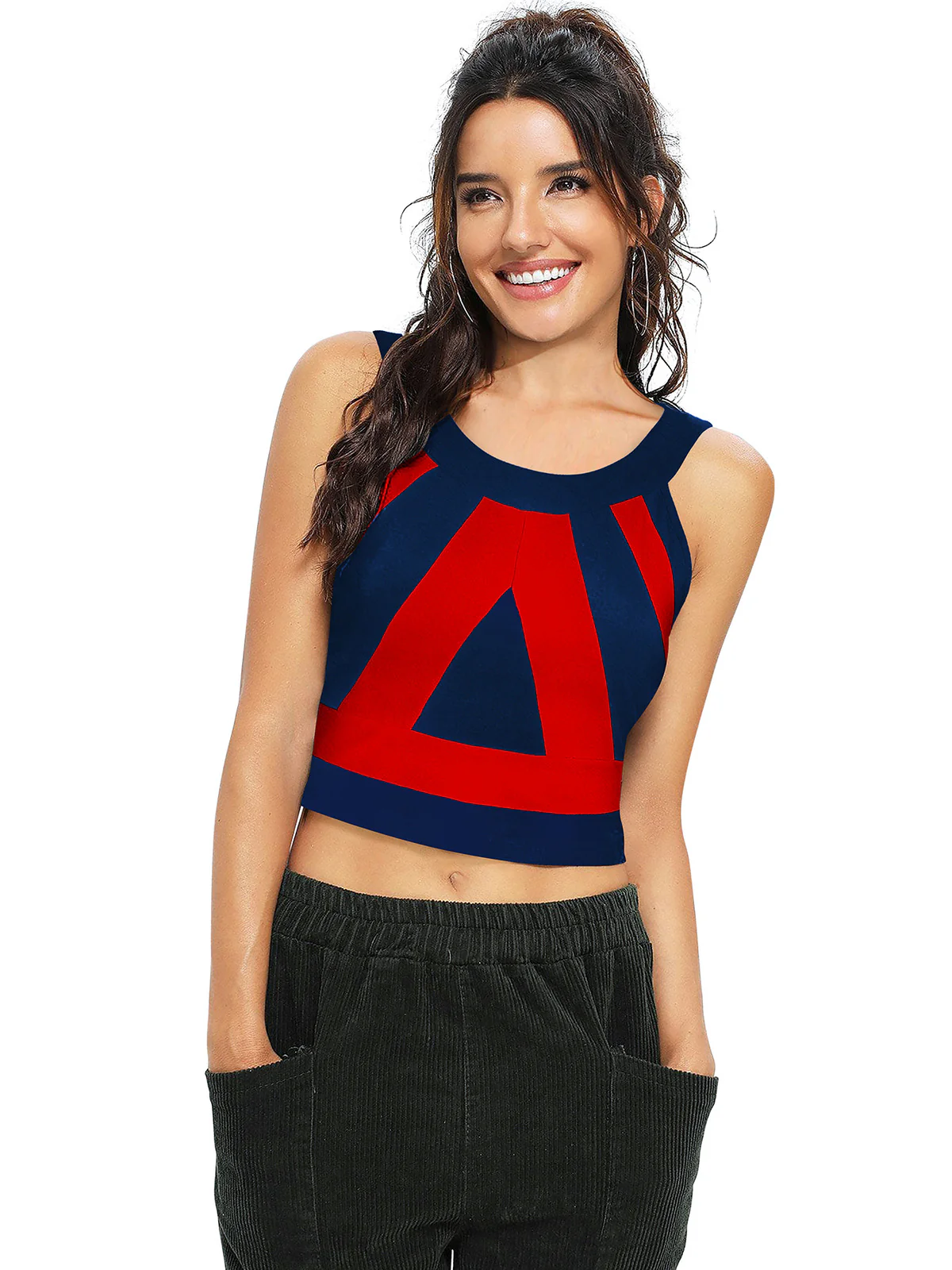 Odette Red and Blue Polyester Printed Top For Women