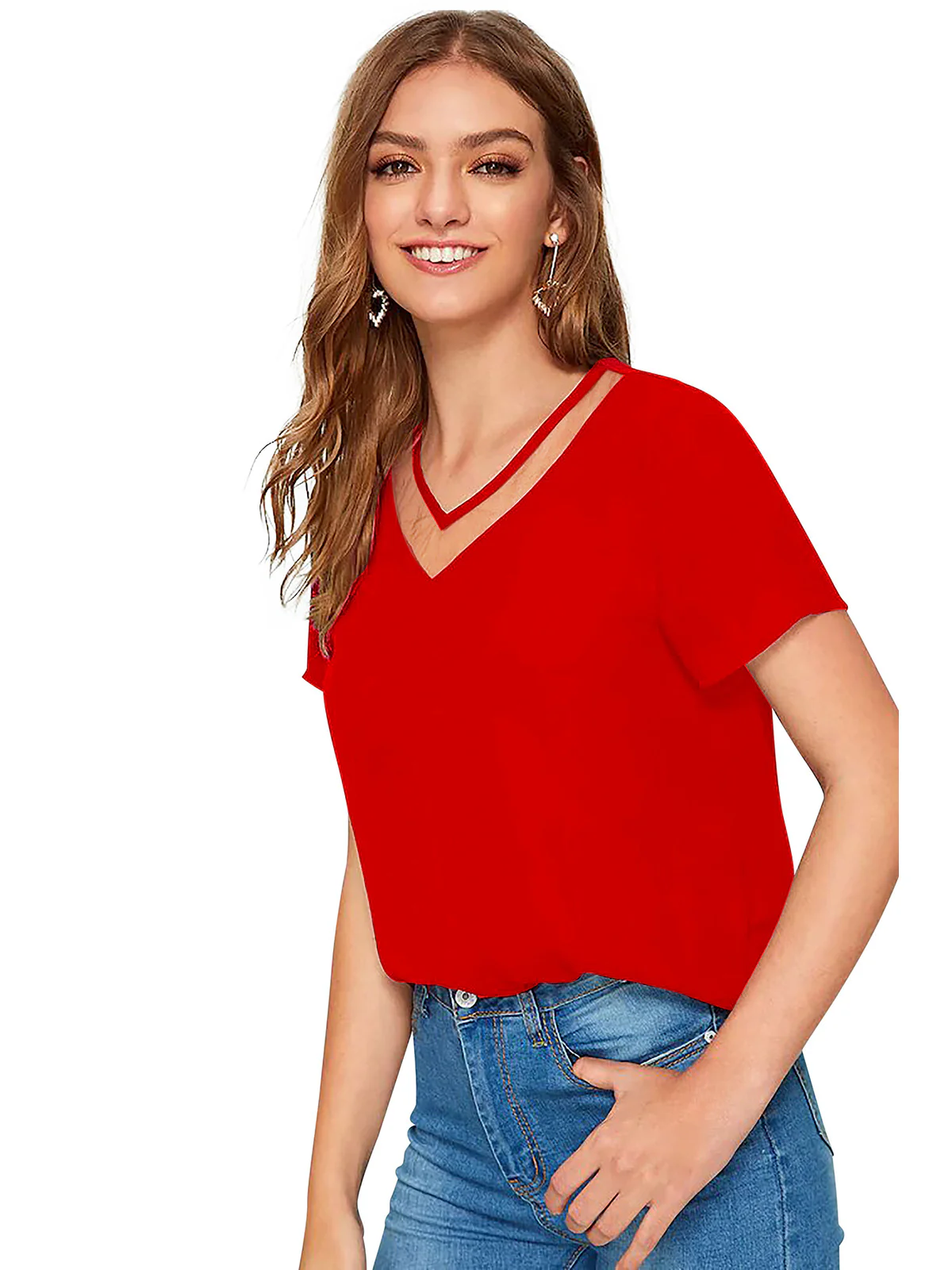 Odette Red Polyester Solid Top For Women - Image 4