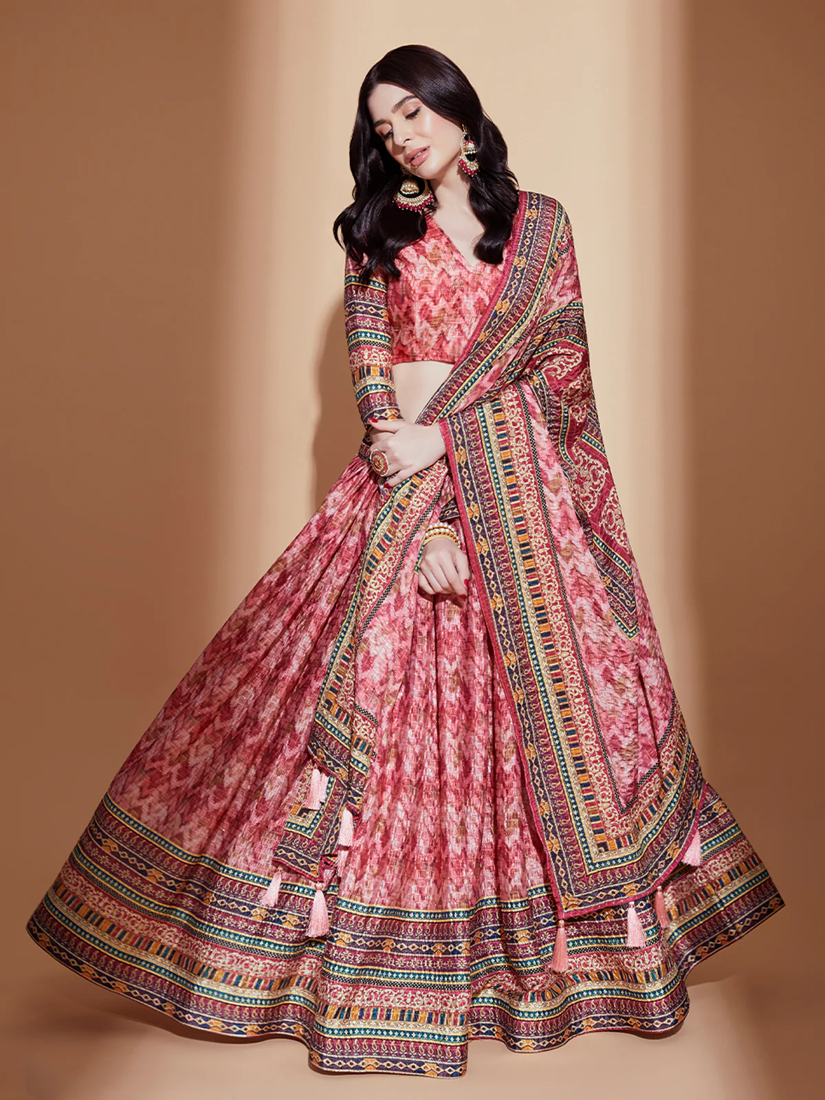 Odette Red Printed Embroidered Chinon Semi Stitched Lehenga With Unstitched Blouse For Women - Image 2