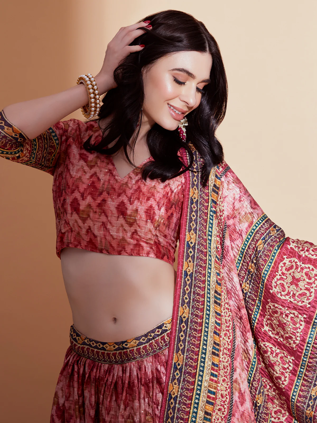 Odette Red Printed Embroidered Chinon Semi Stitched Lehenga With Unstitched Blouse For Women - Image 4