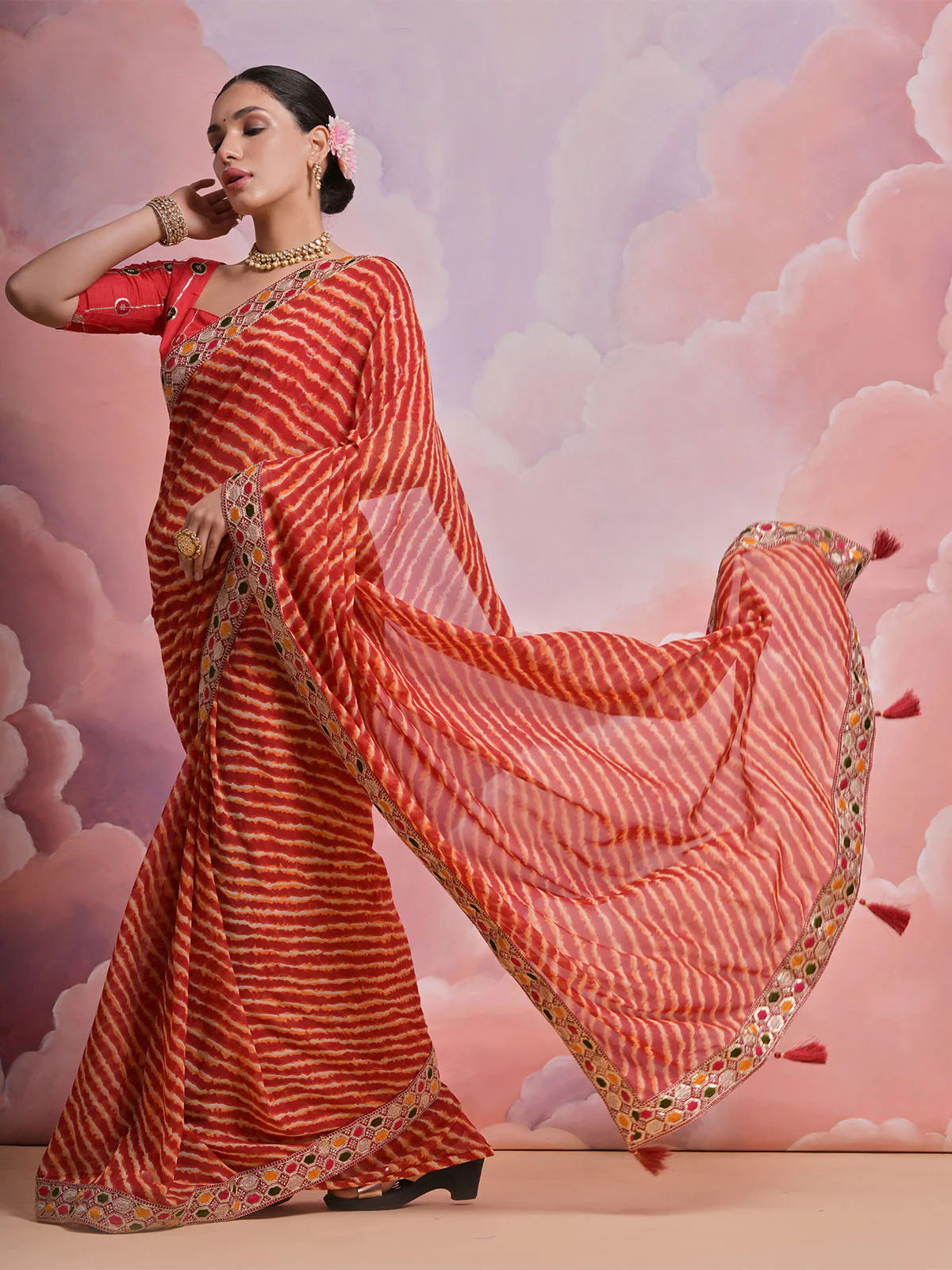 Odette Orange Printed Georgette Saree With Unstitched Blouse For Women - Image 2