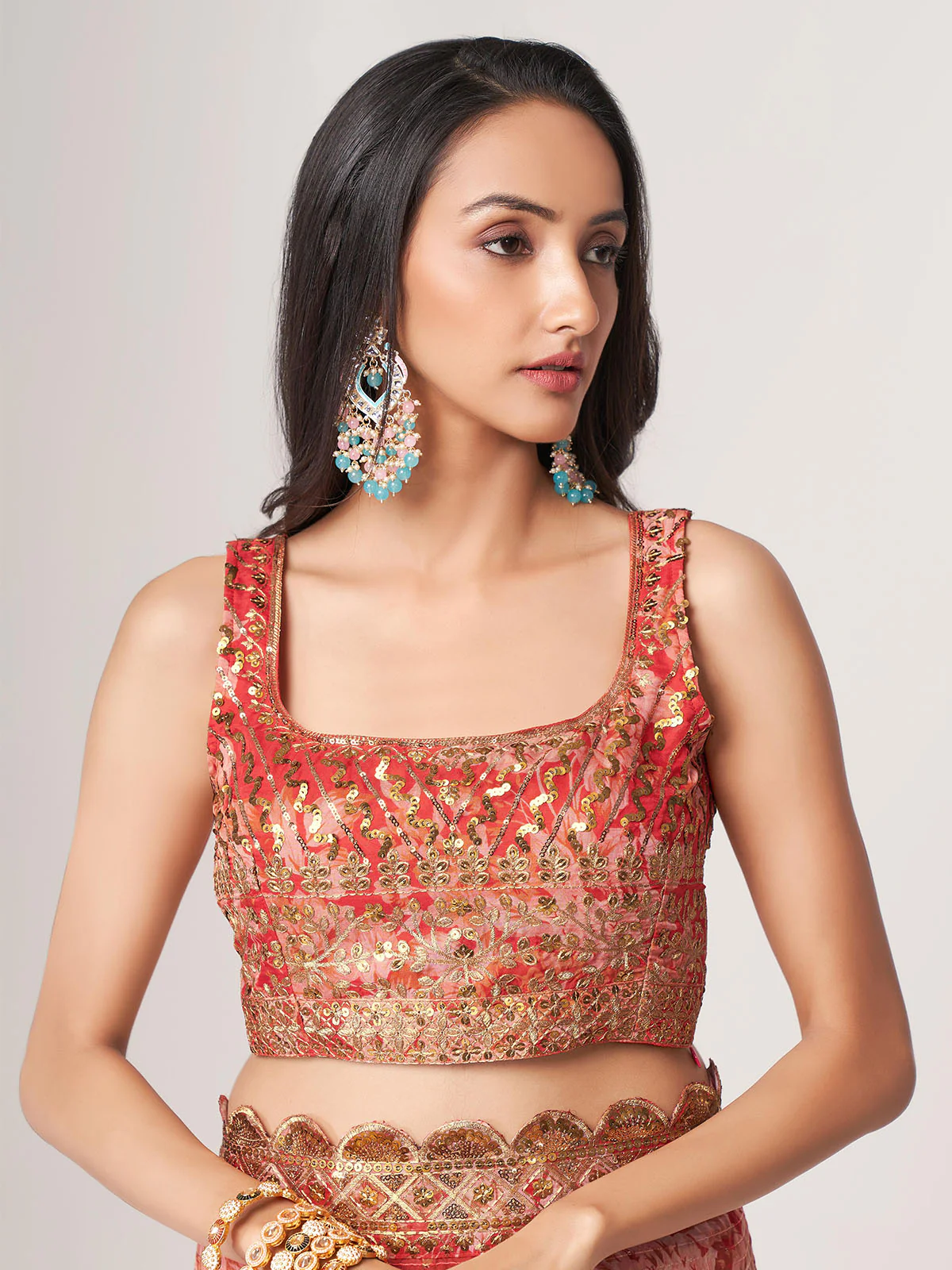 Odette Red Printed Organza Saree With Unstitched Blouse For Women - Image 7