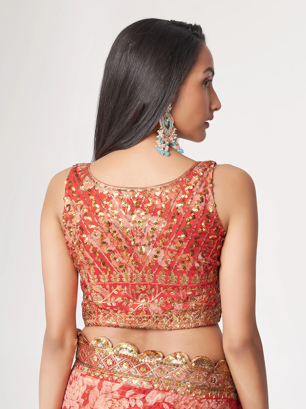 Odette Red Printed Organza Saree With Unstitched Blouse For Women - Image 8