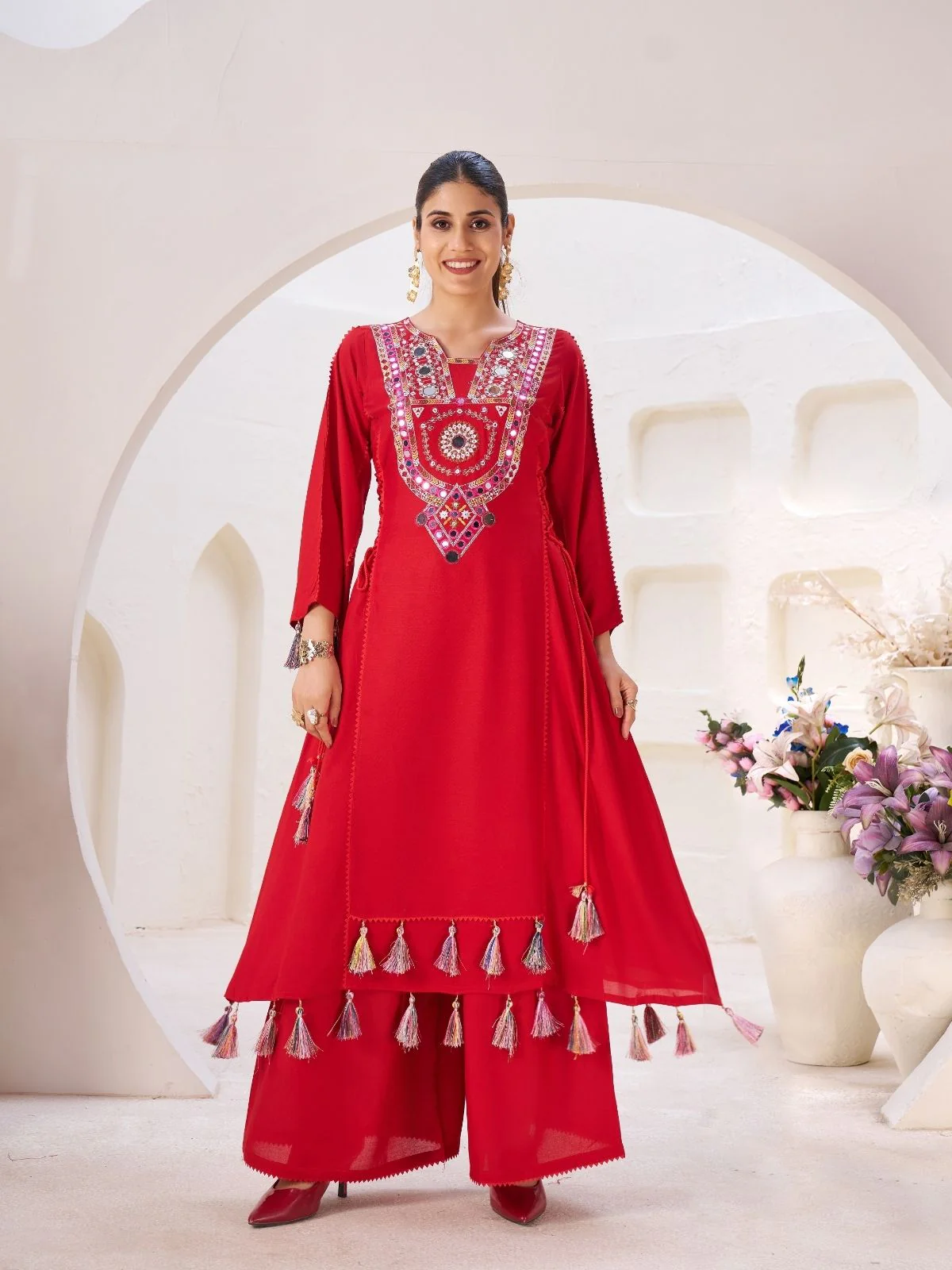 Odette Red Rayon Embroidered Stitched Kurta Set For Women