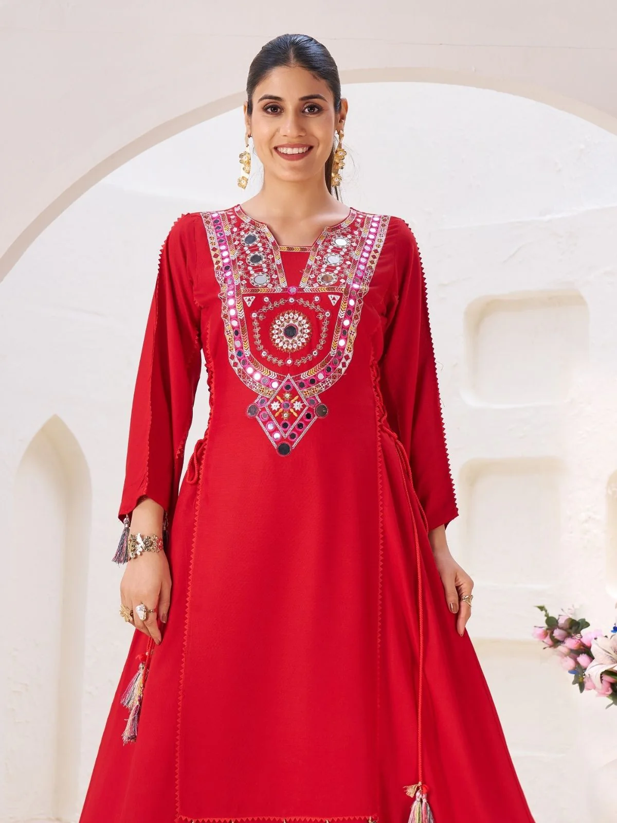 Odette Red Rayon Embroidered Stitched Kurta Set For Women - Image 4