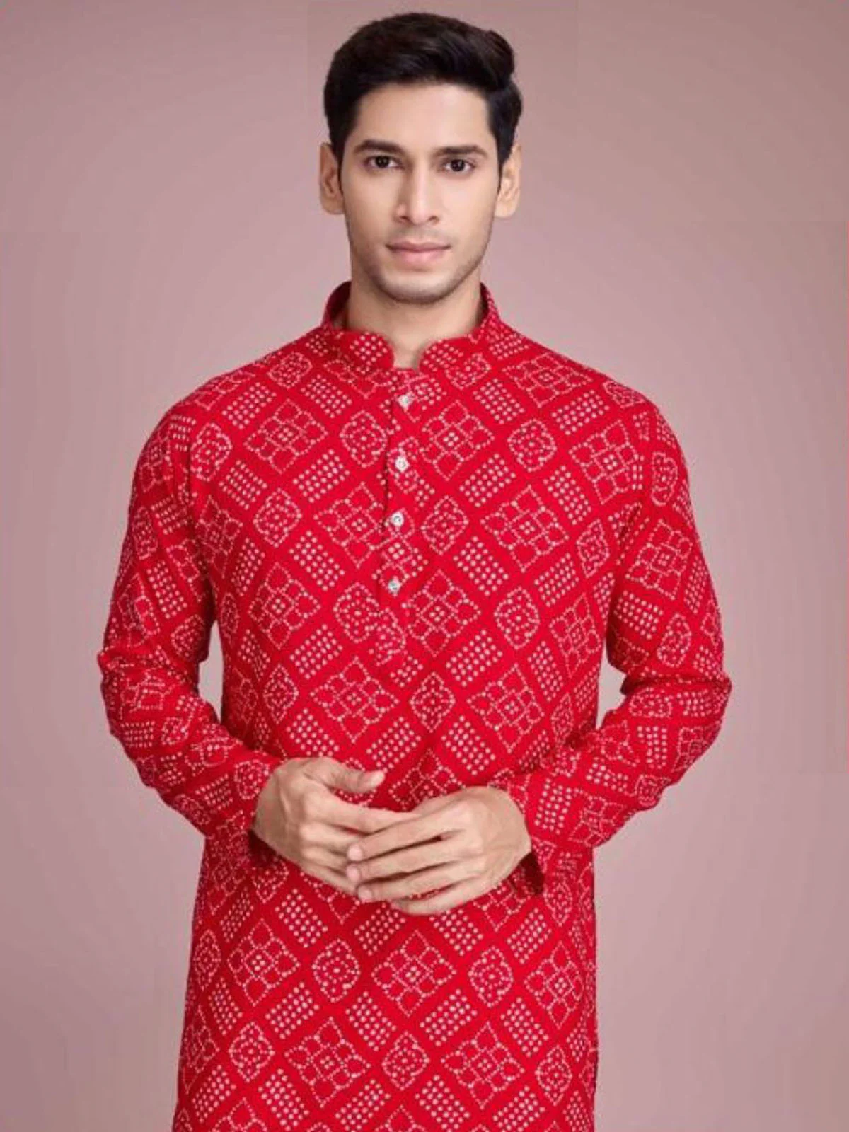 Odette Red Rayon Printed Stitched Kurta For Men - Image 3
