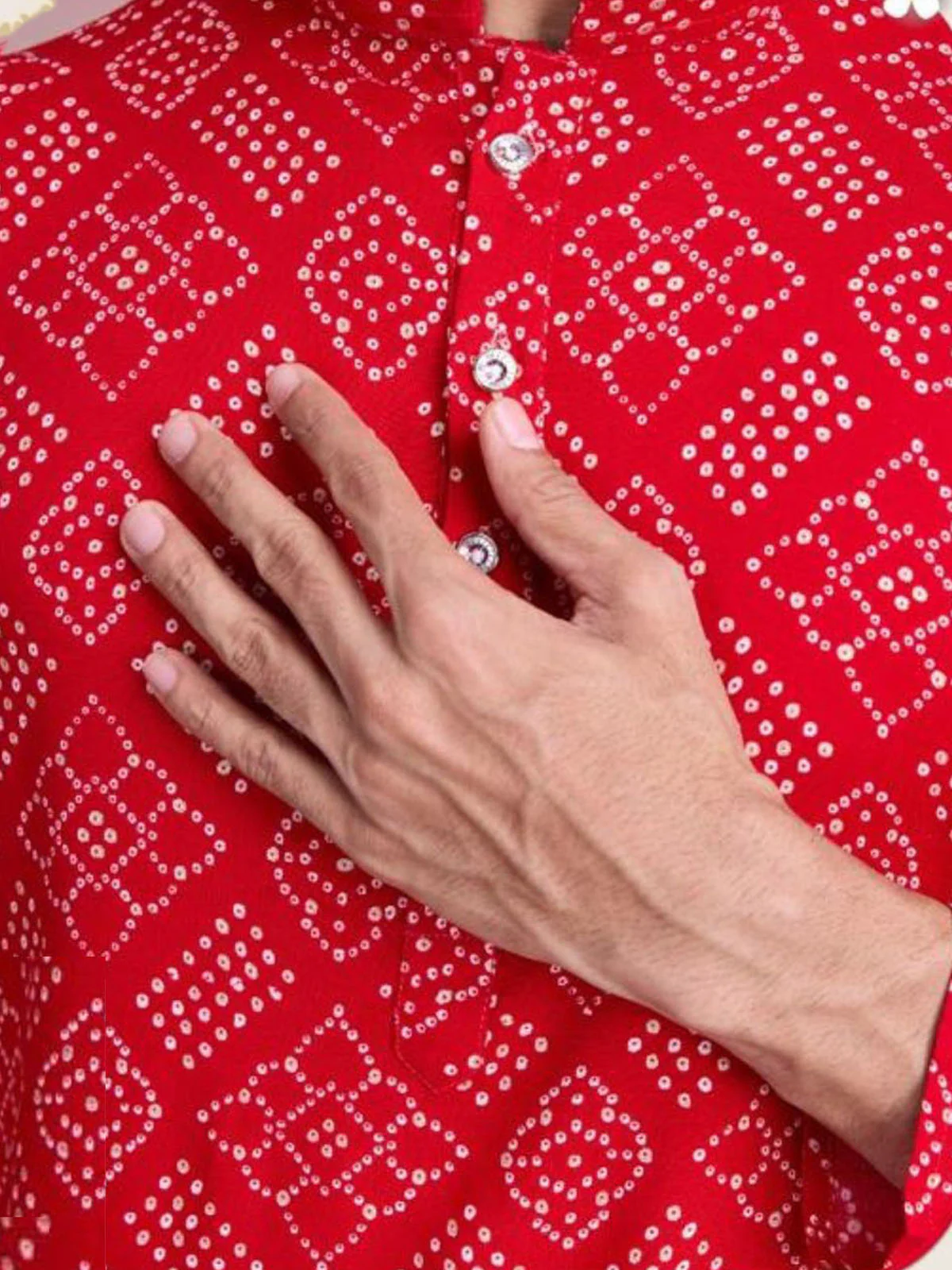 Odette Red Rayon Printed Stitched Kurta For Men - Image 4