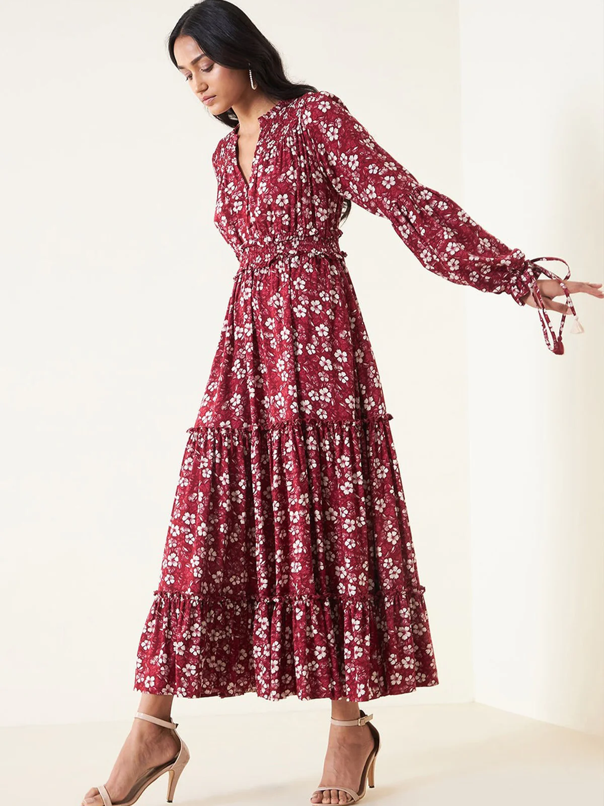 Odette Red Rayon Stitched Printed Indo Western Dress For Women - Image 2