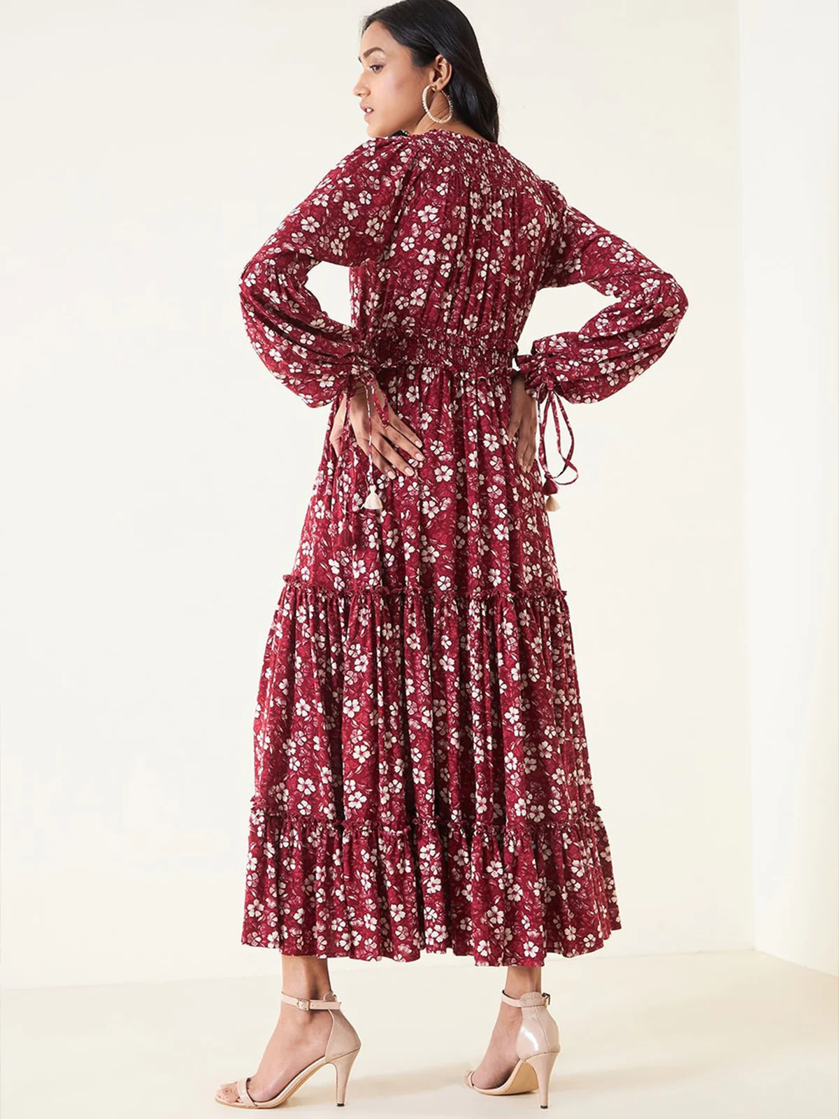Odette Red Rayon Stitched Printed Indo Western Dress For Women - Image 5