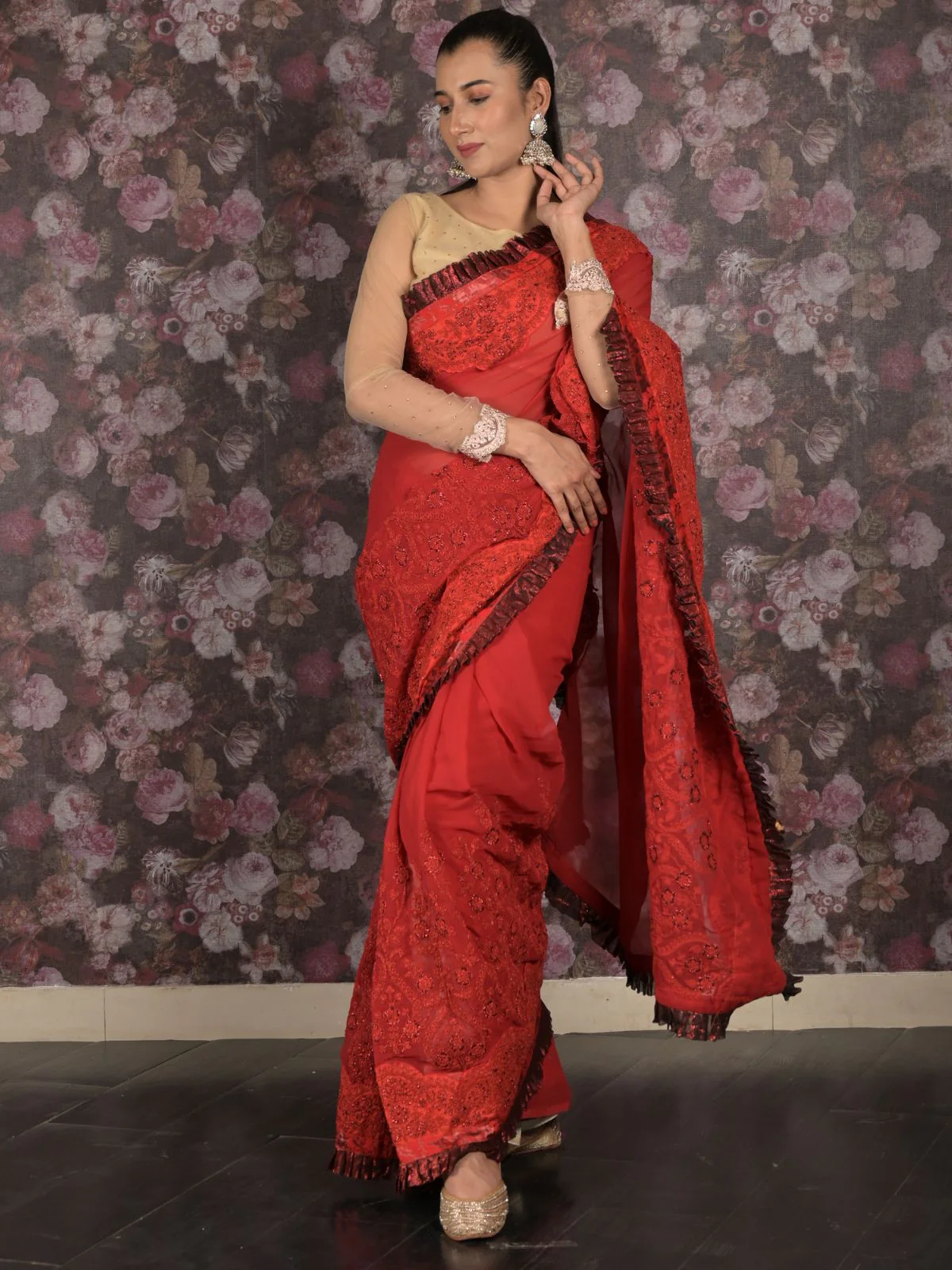 Odette Red Ruffled Georgette Saree With Unstitched Blouse For Women - Image 2