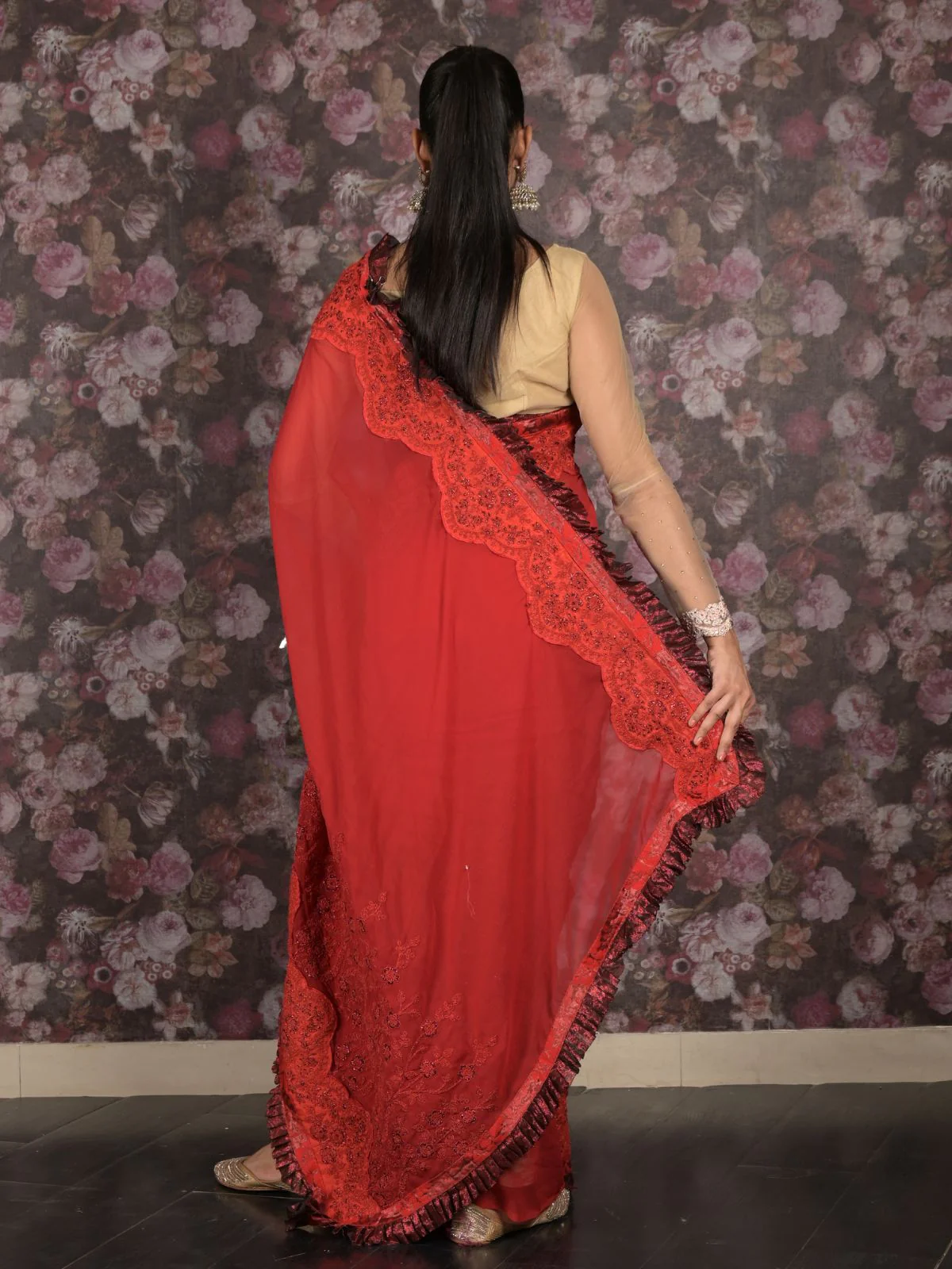 Odette Red Ruffled Georgette Saree With Unstitched Blouse For Women - Image 5