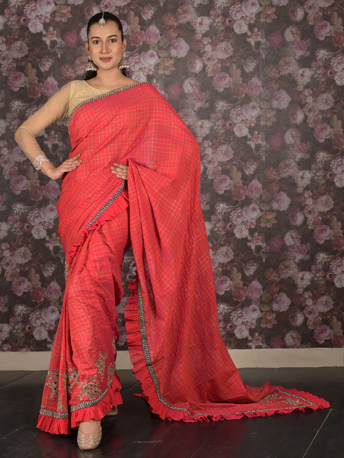 Odette Red Ruffled Polyester Saree Without Blouse For Women